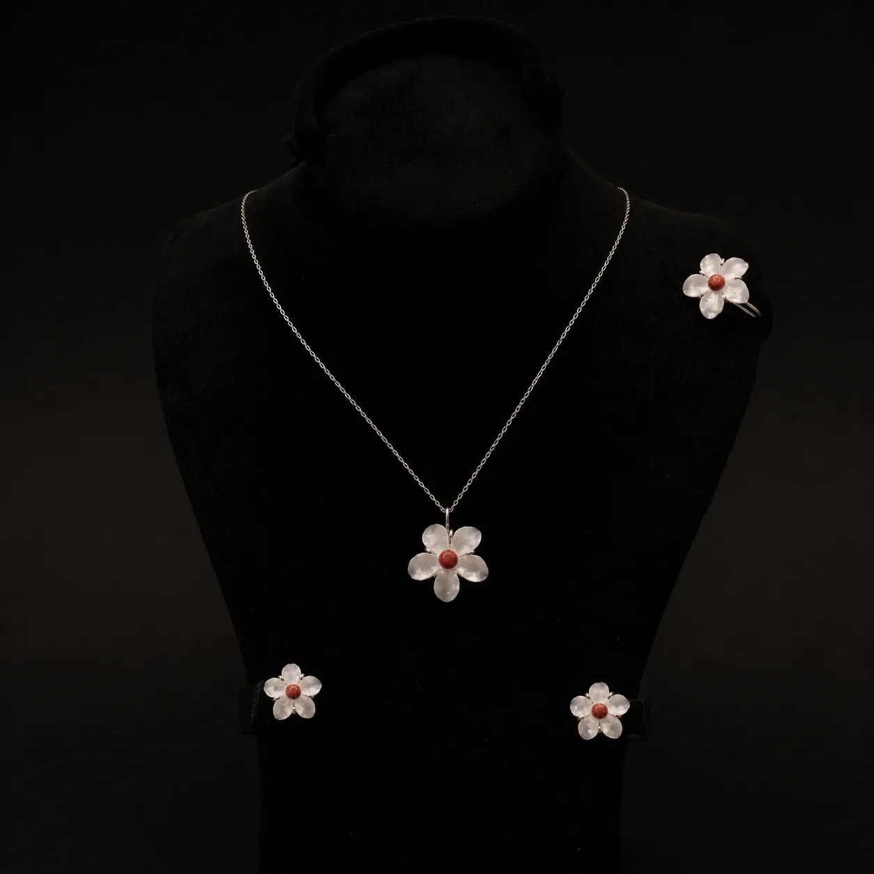 Red Cherry Blossom Coral and Silver Jewellery Set 3 Pieces