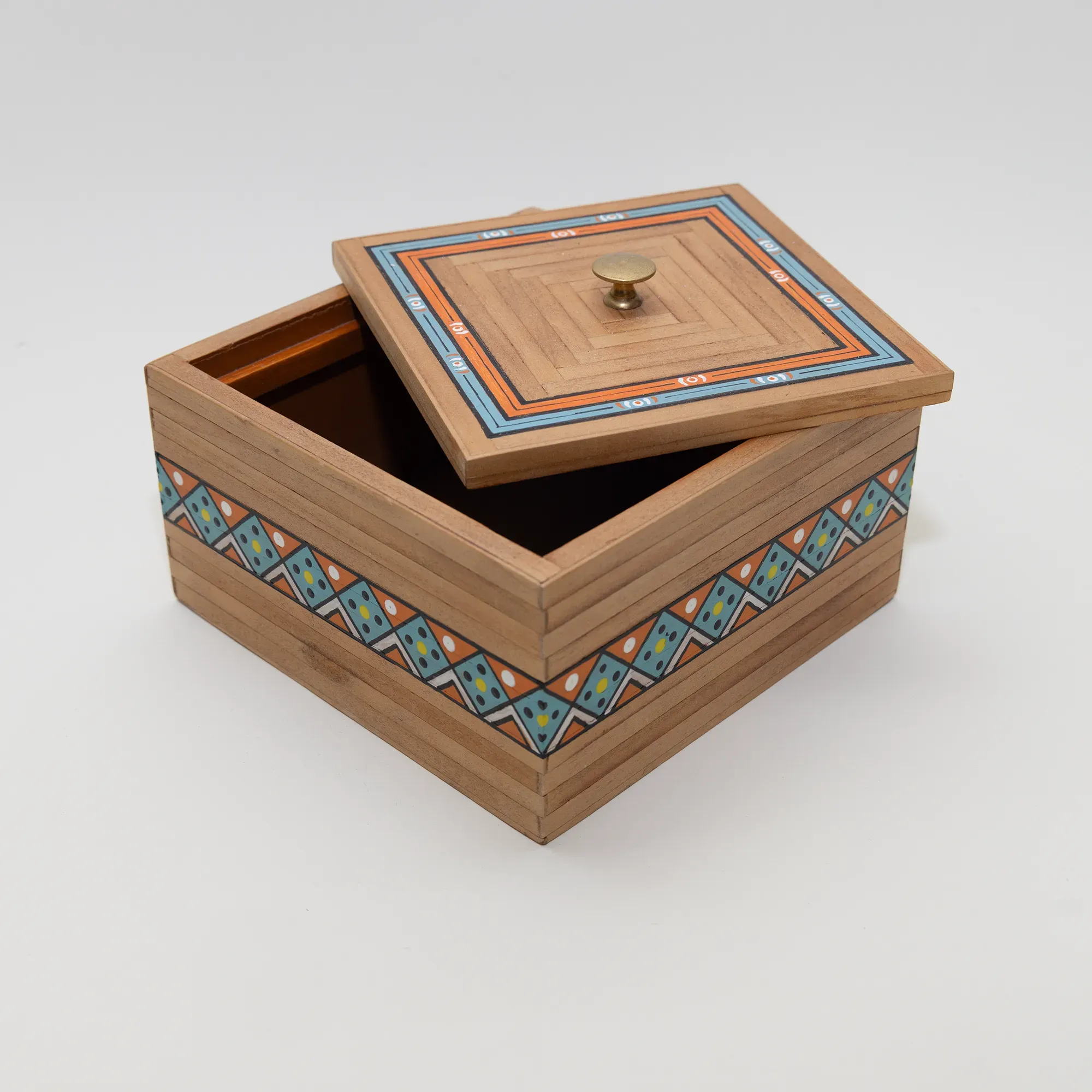 Handmade Wooden Keepsake Box with Teal Diamond Detail