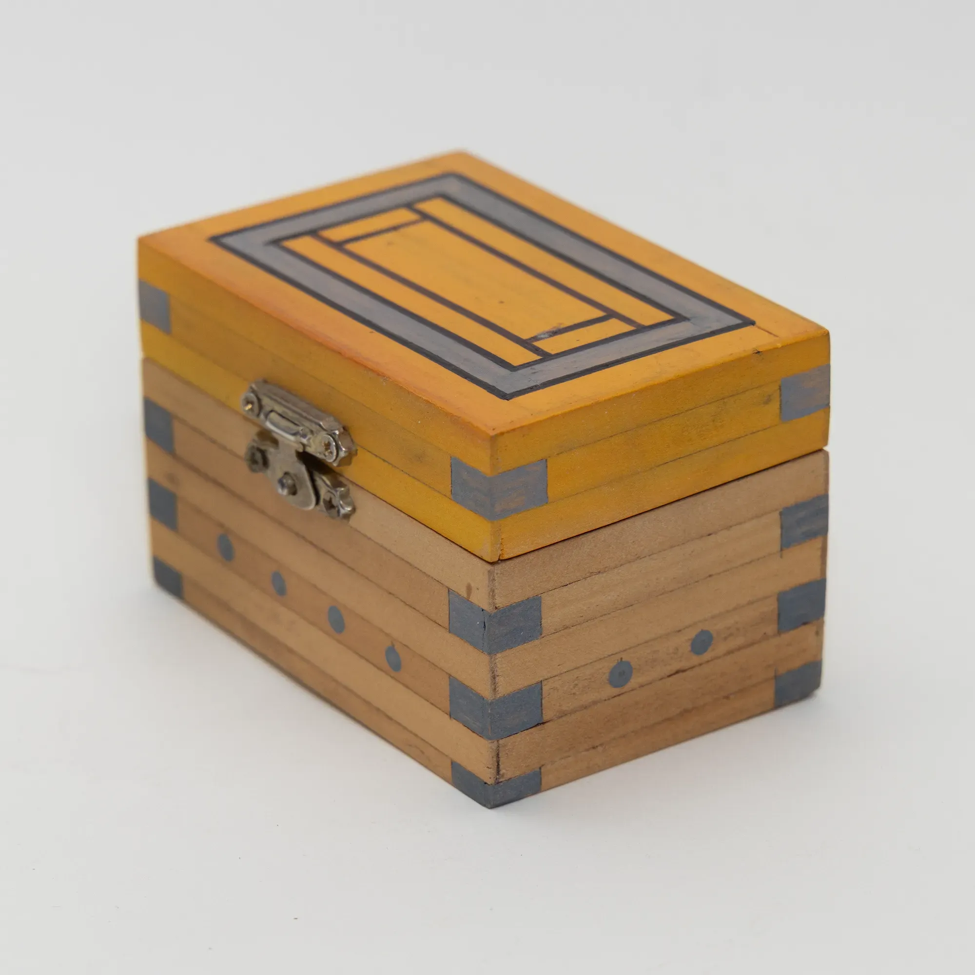Handmade Wooden Keepsake Box with Open Yellow Lid Detail