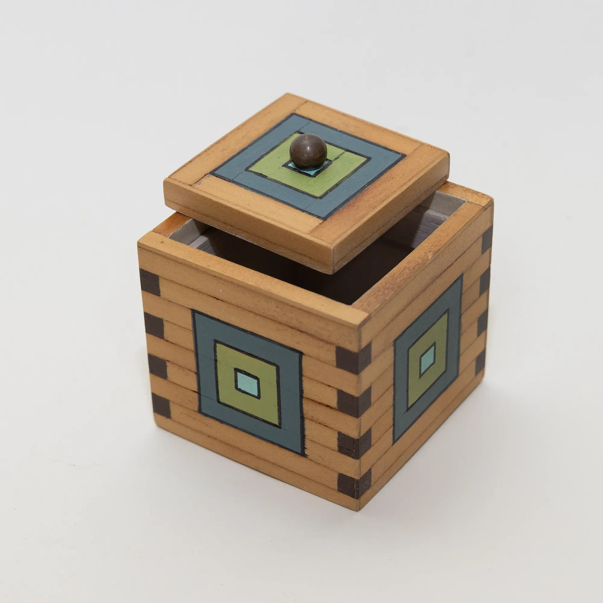 Handmade Wooden Keepsake Box with Teal Diamond Stack Detail