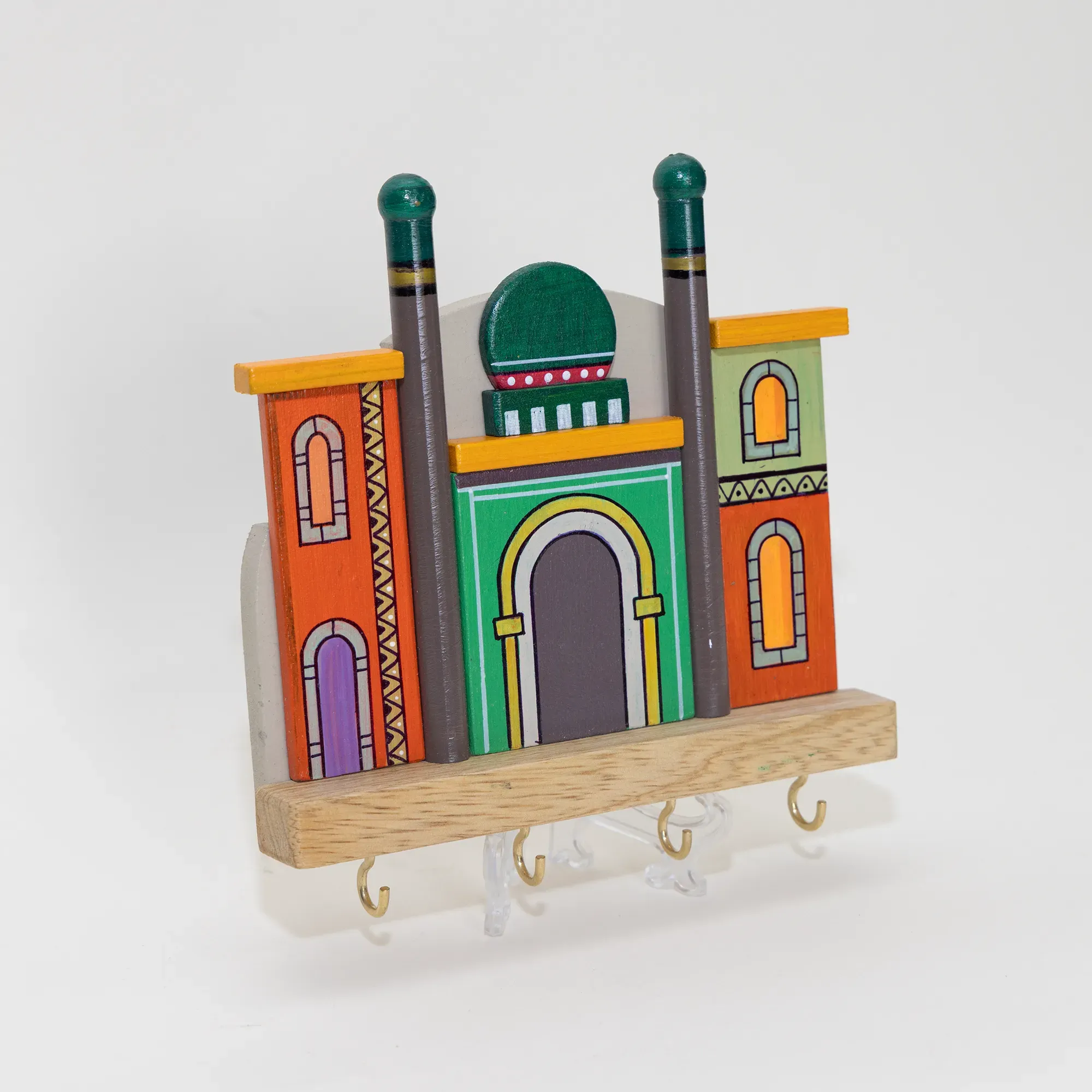 Handmade Wooden Wall Key Holder with Green Dome Islamic Landmark Design