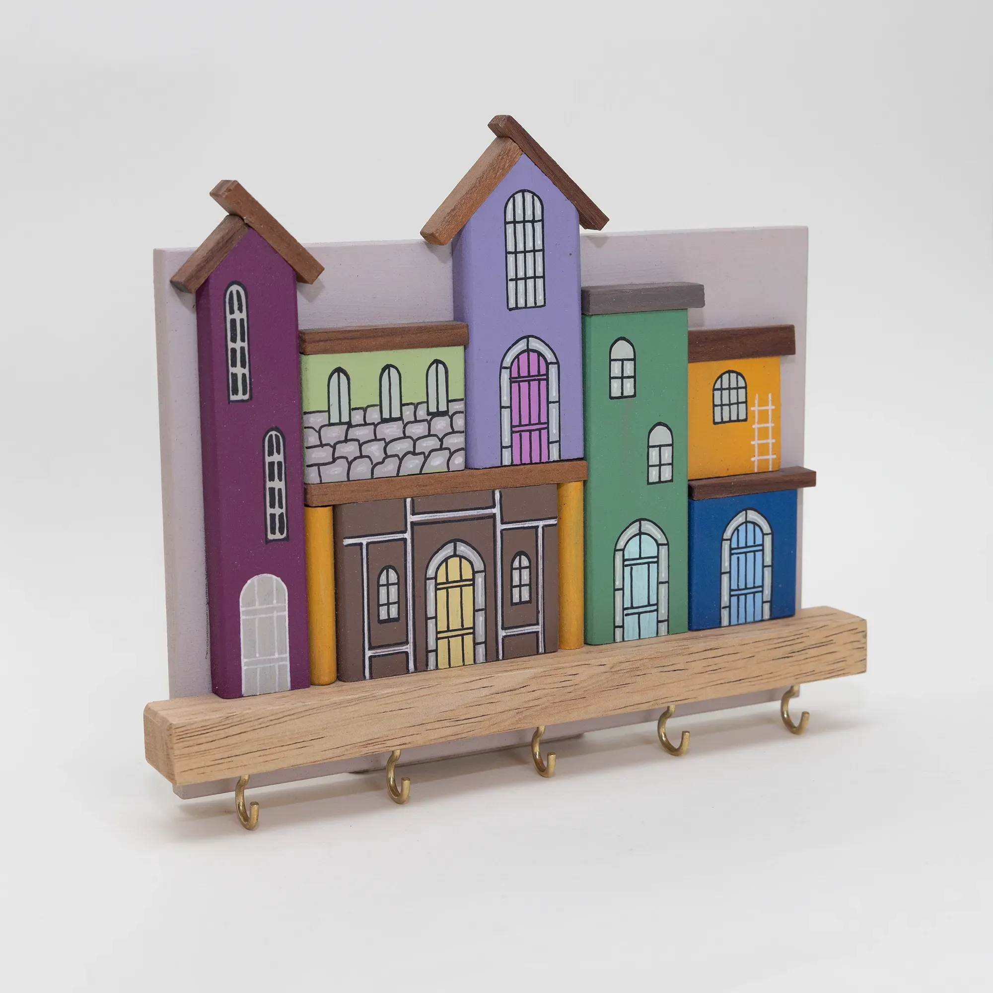Handmade Wooden Wall Key Holder with Pastel Neighborhood Facade Design