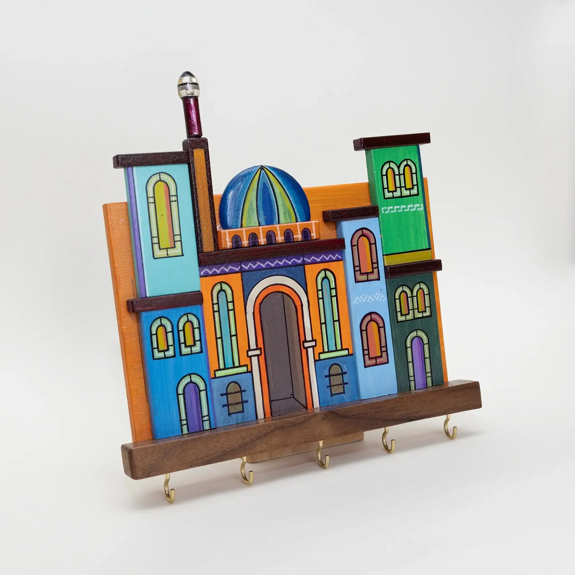 Handmade Wooden Wall Key Holder with Blue Dome Mosque Facade Design