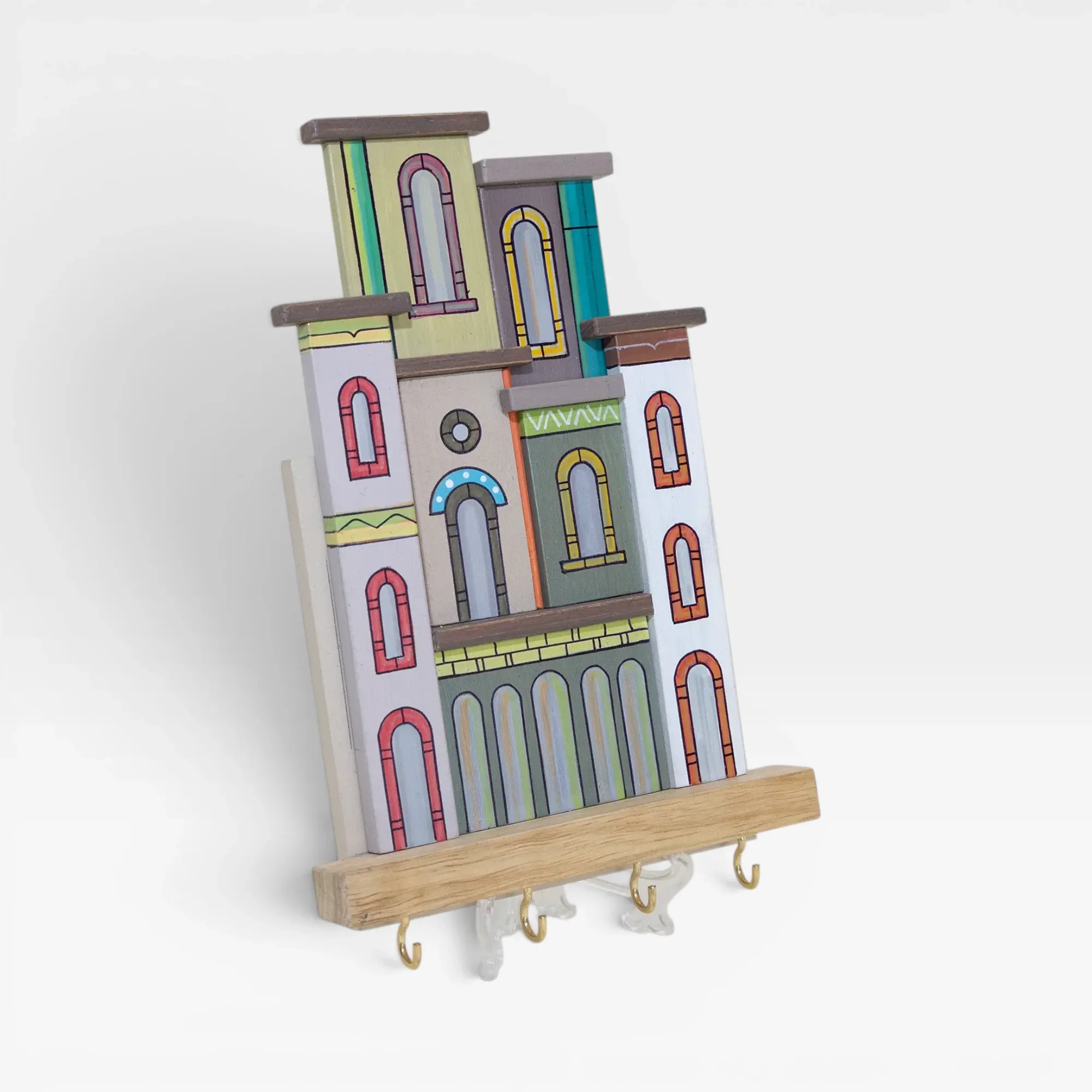 Handmade Wooden Wall Key Holder with Classic White House Facade Design