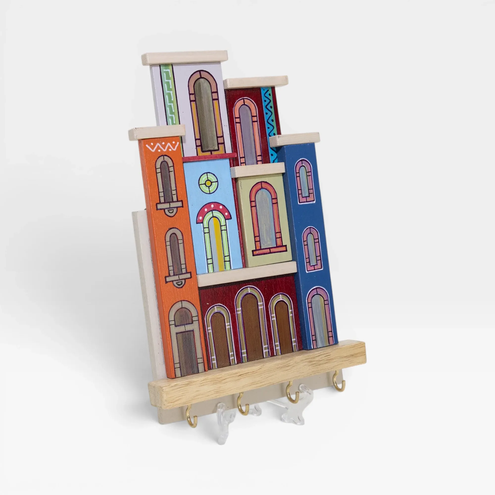 Handmade Wooden Wall Key Holder with Warm Pink House Facade Design
