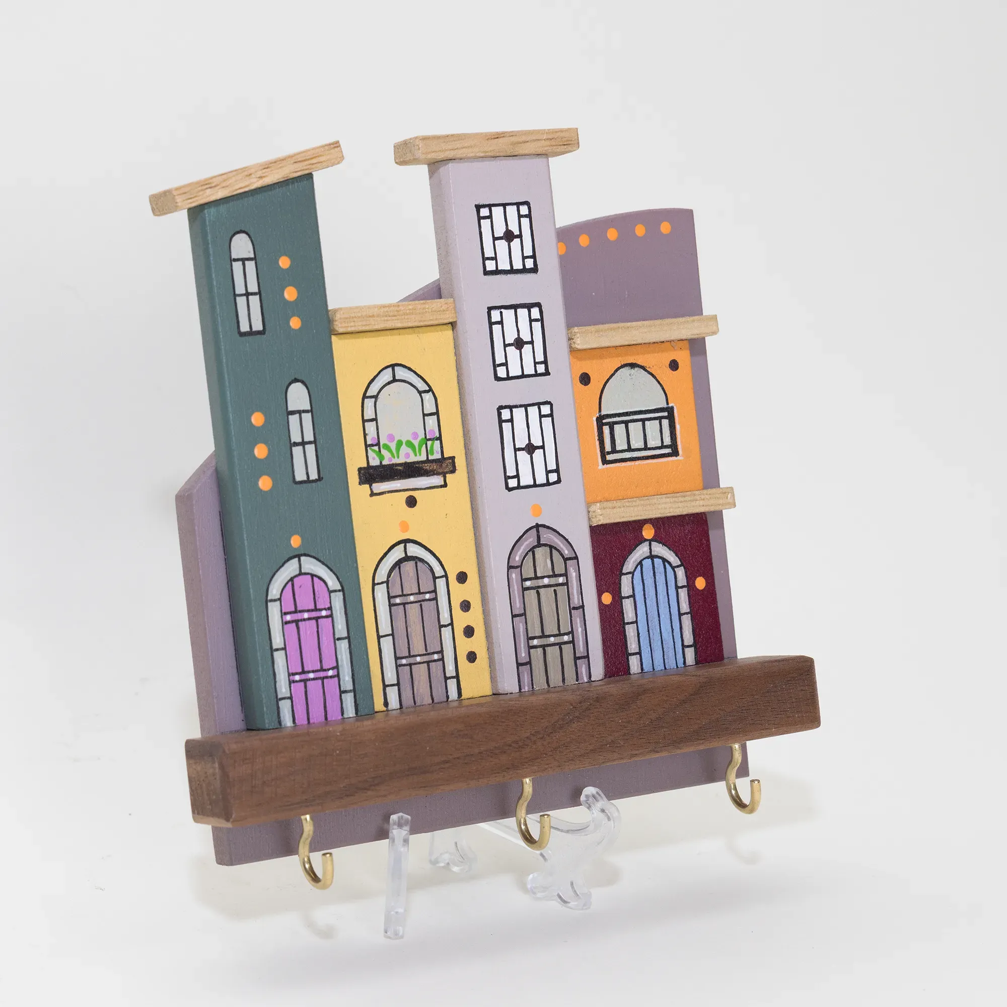 Handmade Wooden Wall Key Holder with Modern Grey City Facade Design
