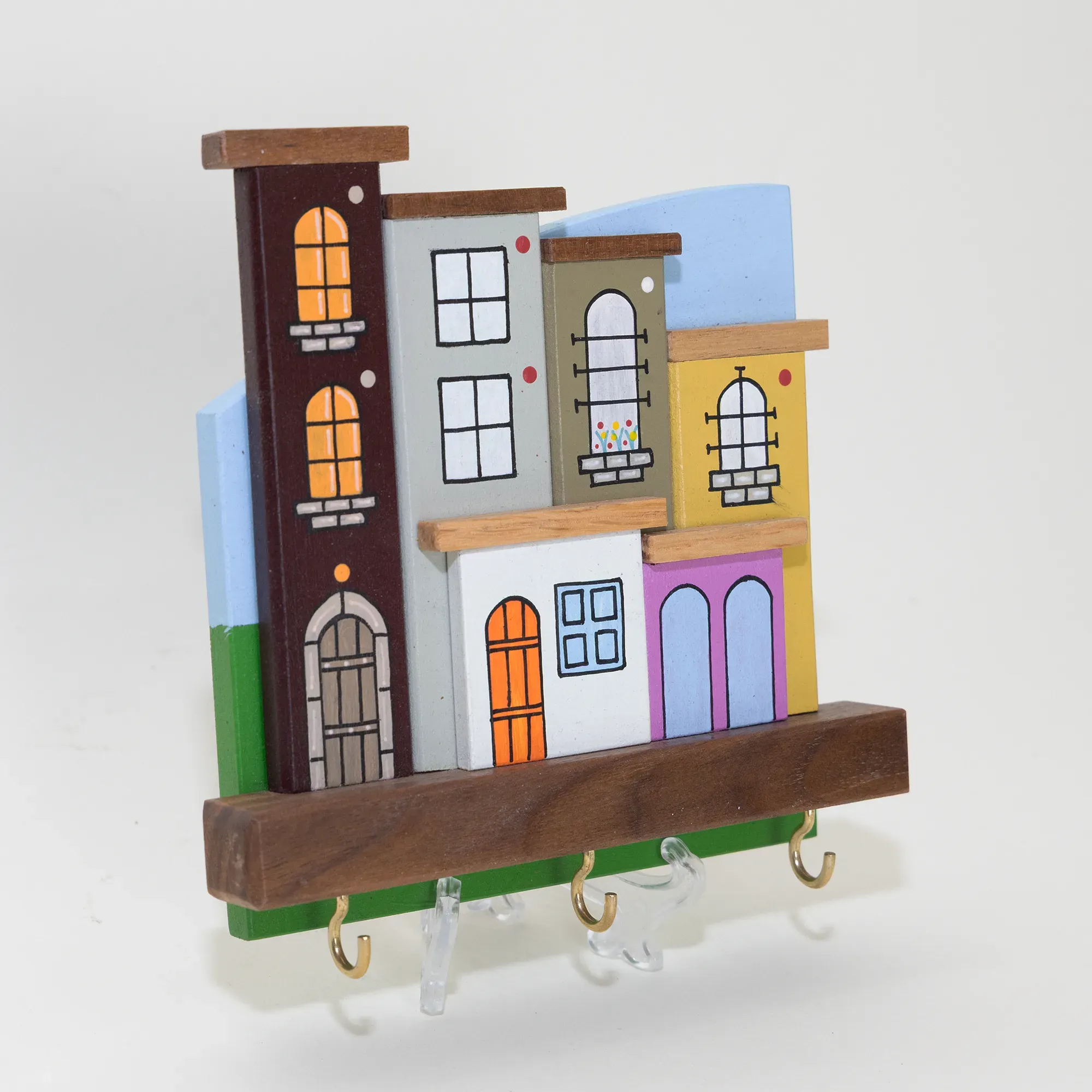 Handmade Wooden Wall Key Holder with Soft Blue House Facade Design