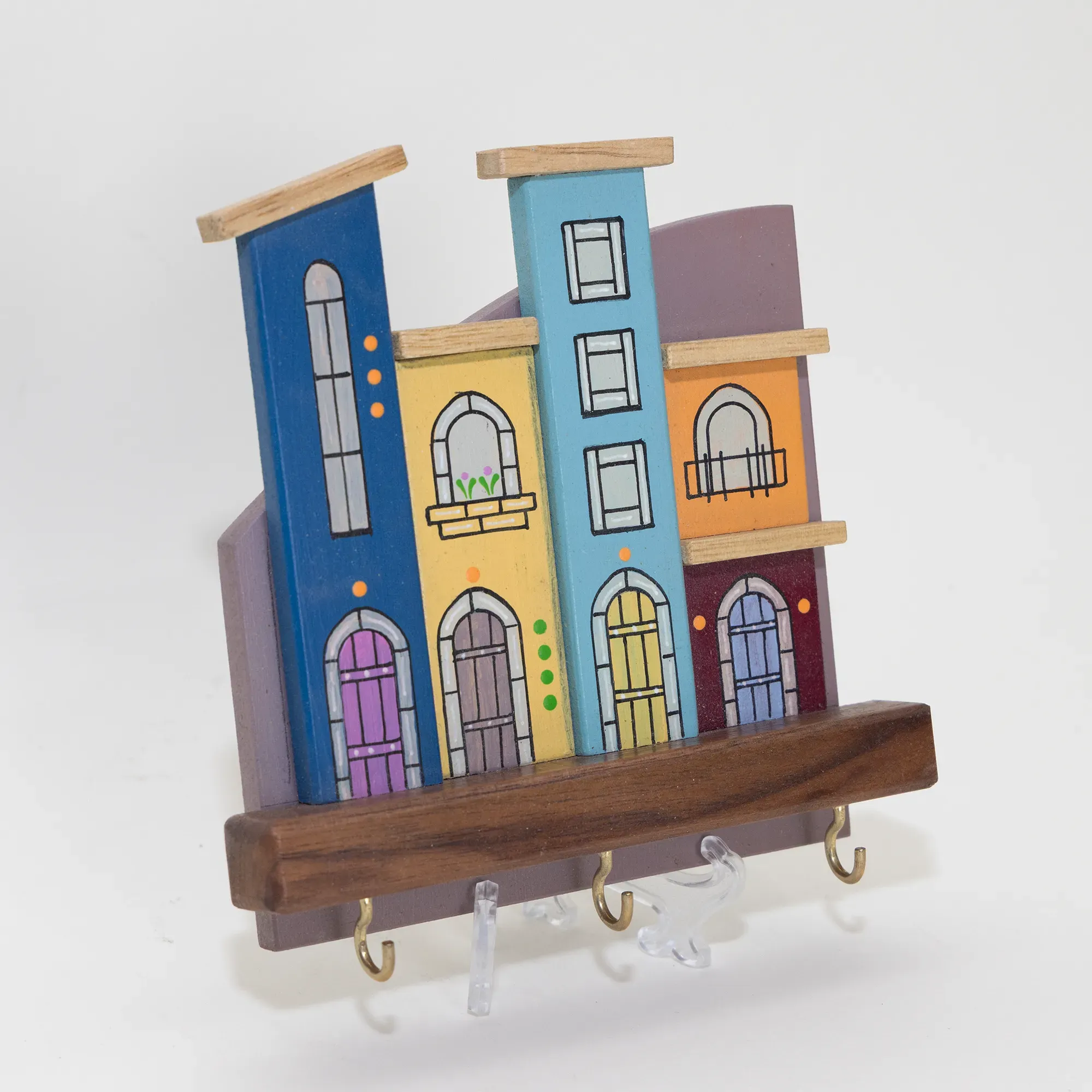 Handmade Wooden Wall Key Holder with Blue Purple City Facade Design