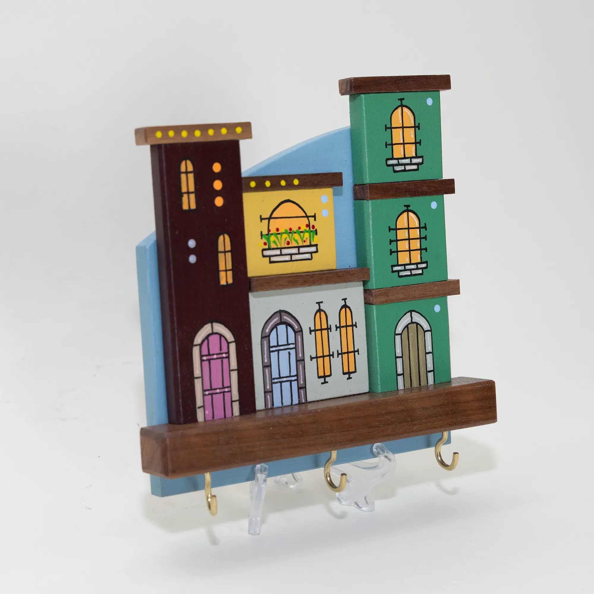 Handmade Wooden Wall Key Holder with Green Teal City Facade Design