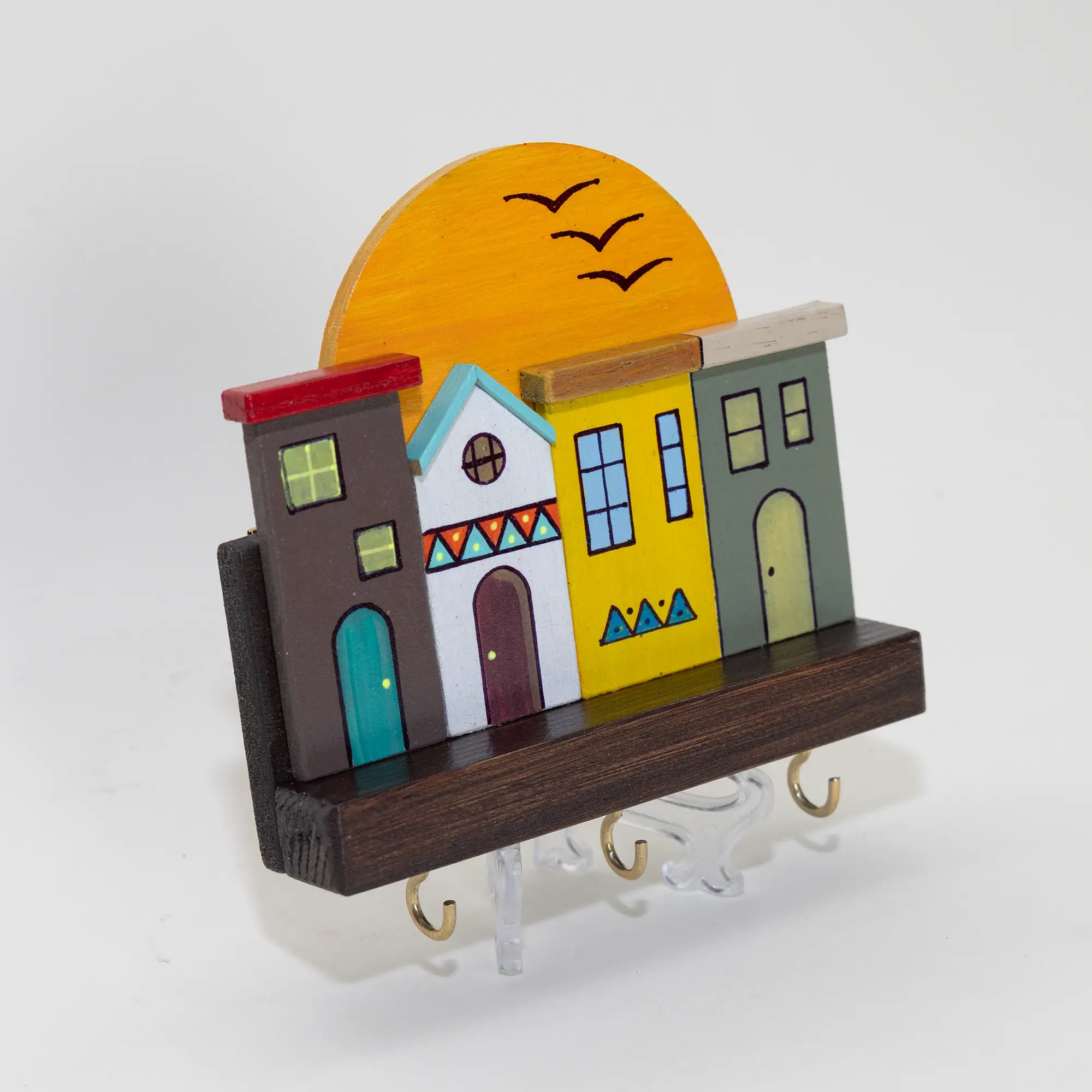 Handmade Wooden Wall Key Holder with Sunset Houses Scene Design