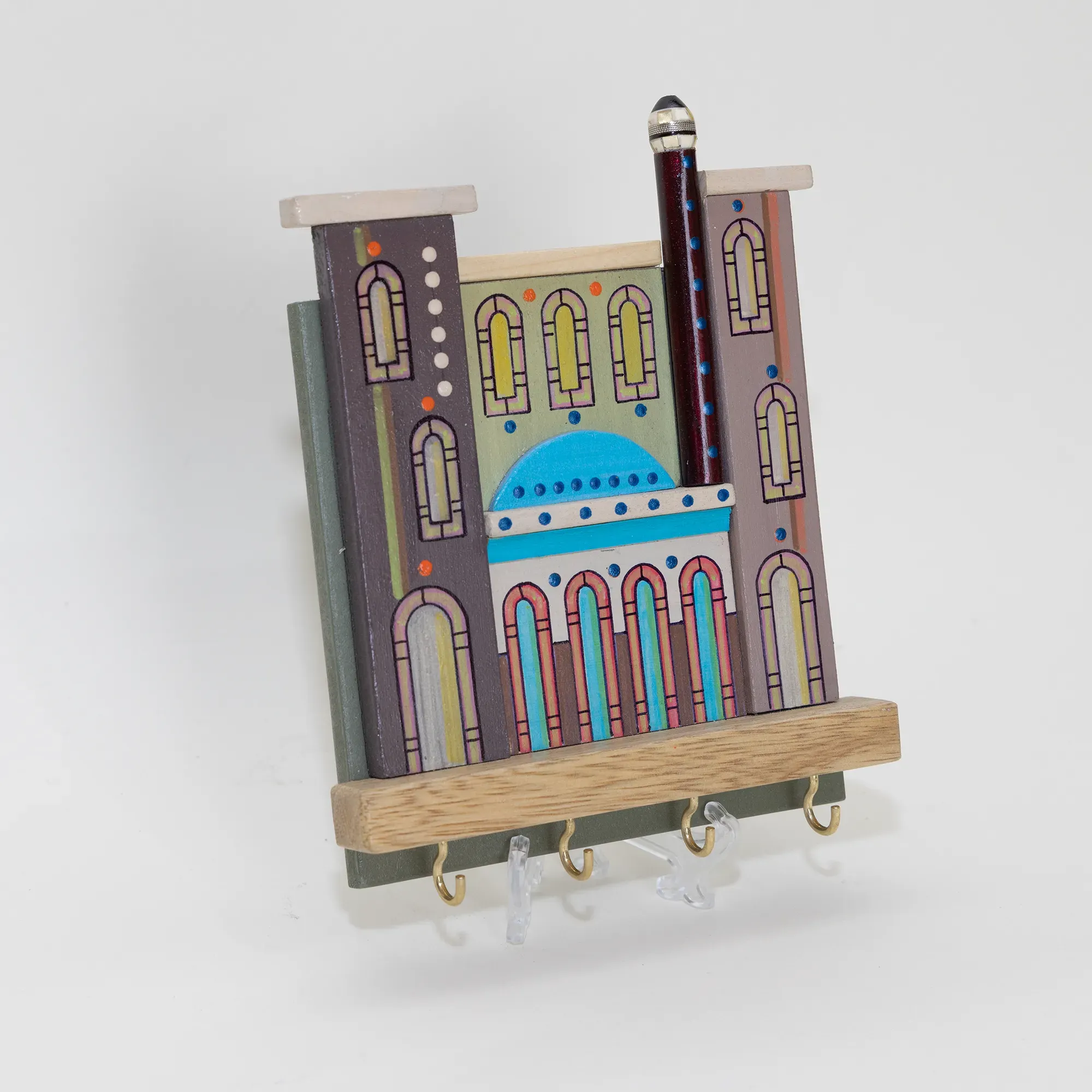 Handmade Wooden Wall Key Holder with Mosque and Islamic Arches Design