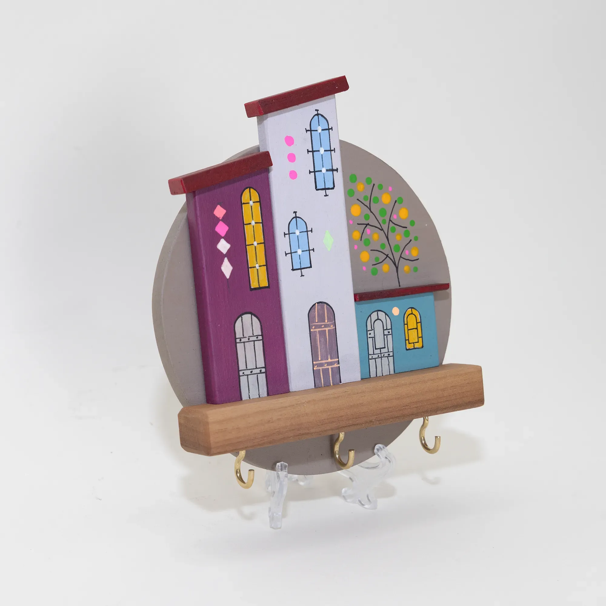 Handmade Wooden Wall Key Holder with Rural Colorful Houses Design