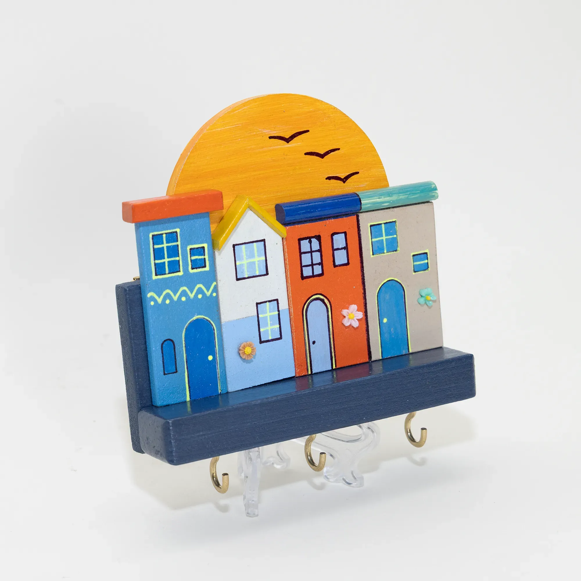 Handmade Wooden Wall Key Holder with Sunrise Colorful Houses Design