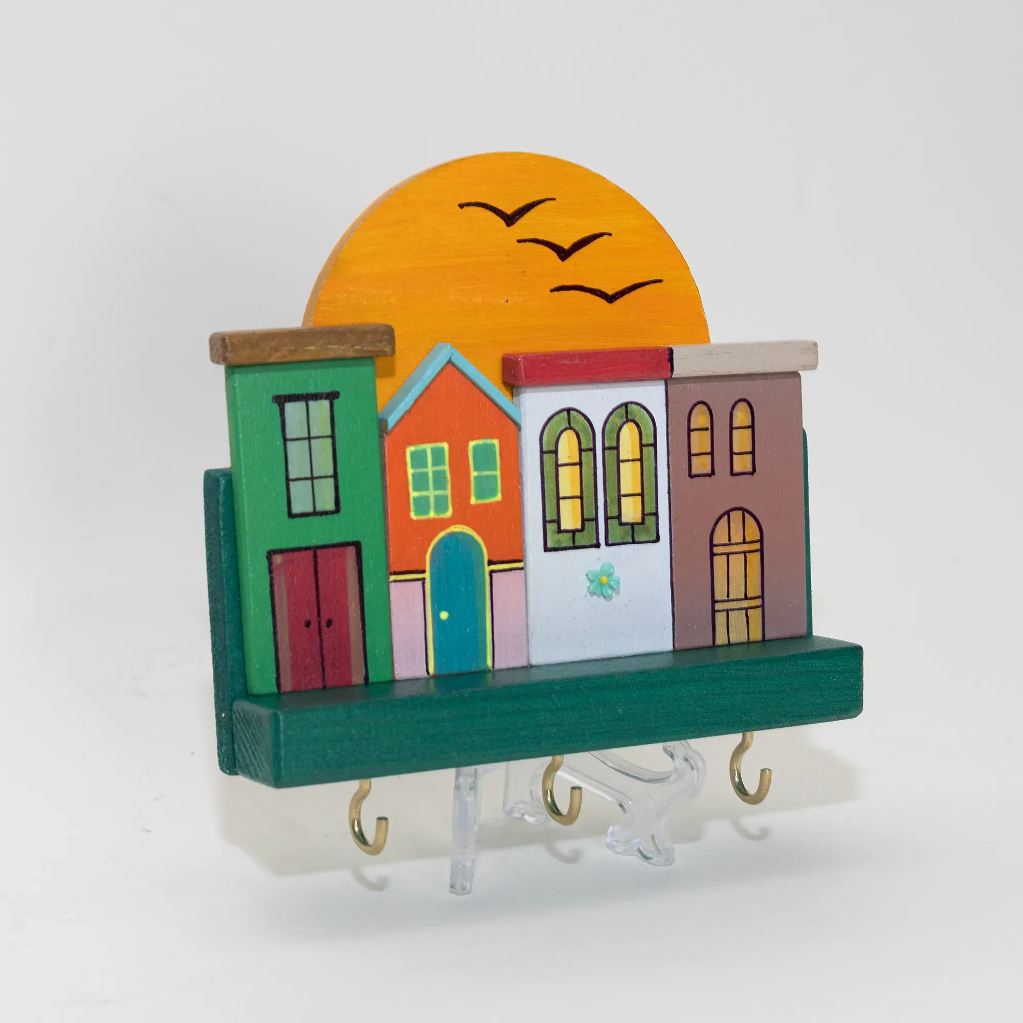 Handmade Wooden Wall Key Holder with Green Sunrise Houses Design