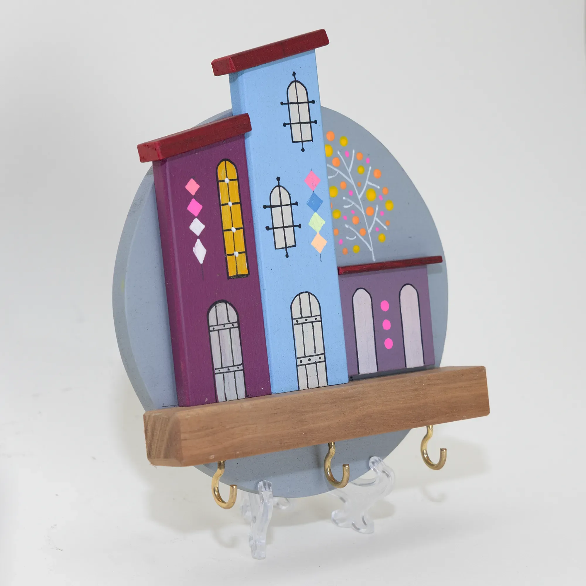 Handmade Wooden Wall Key Holder with Purple Crescent House Scene Design