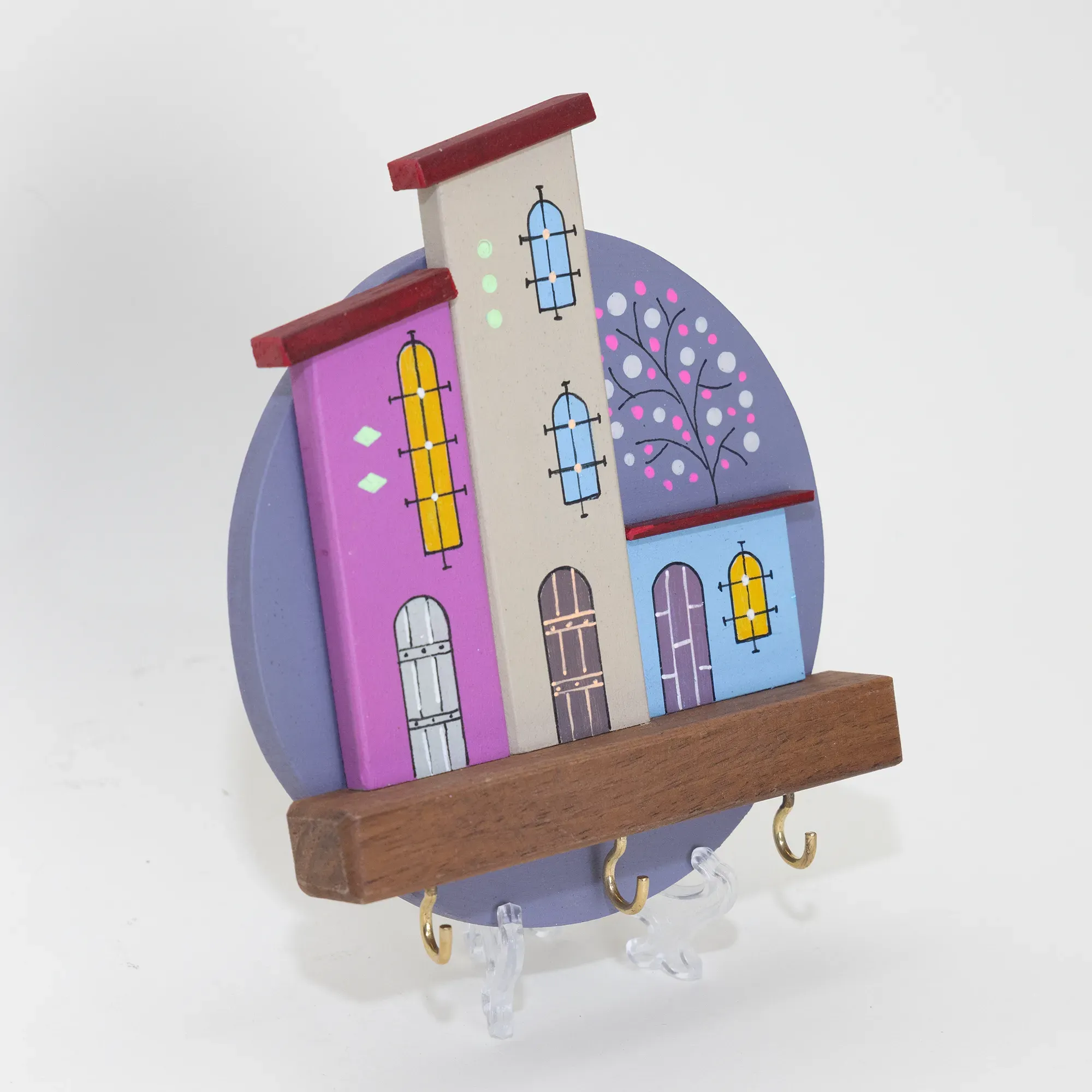 Handmade Wooden Wall Key Holder with Violet Crescent House Scene Design