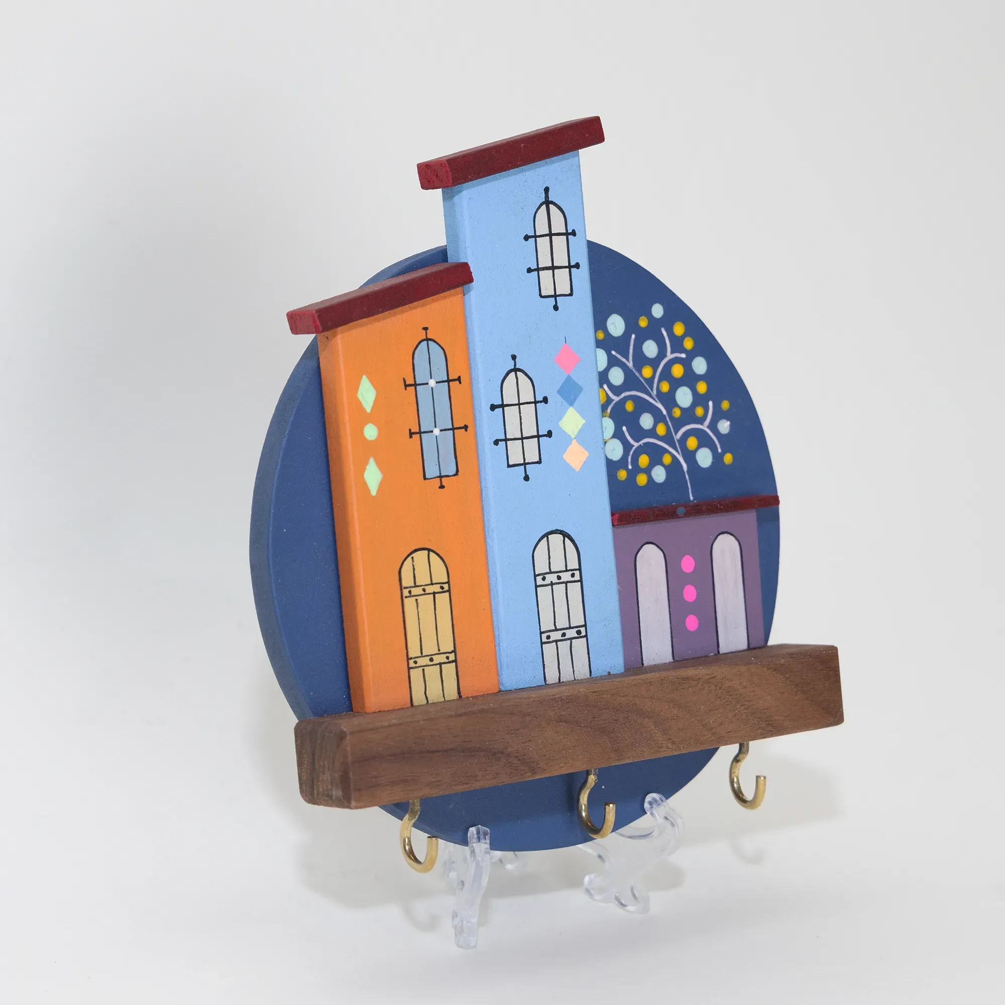 Handmade Wooden Wall Key Holder with Orange Blue Crescent Houses Design