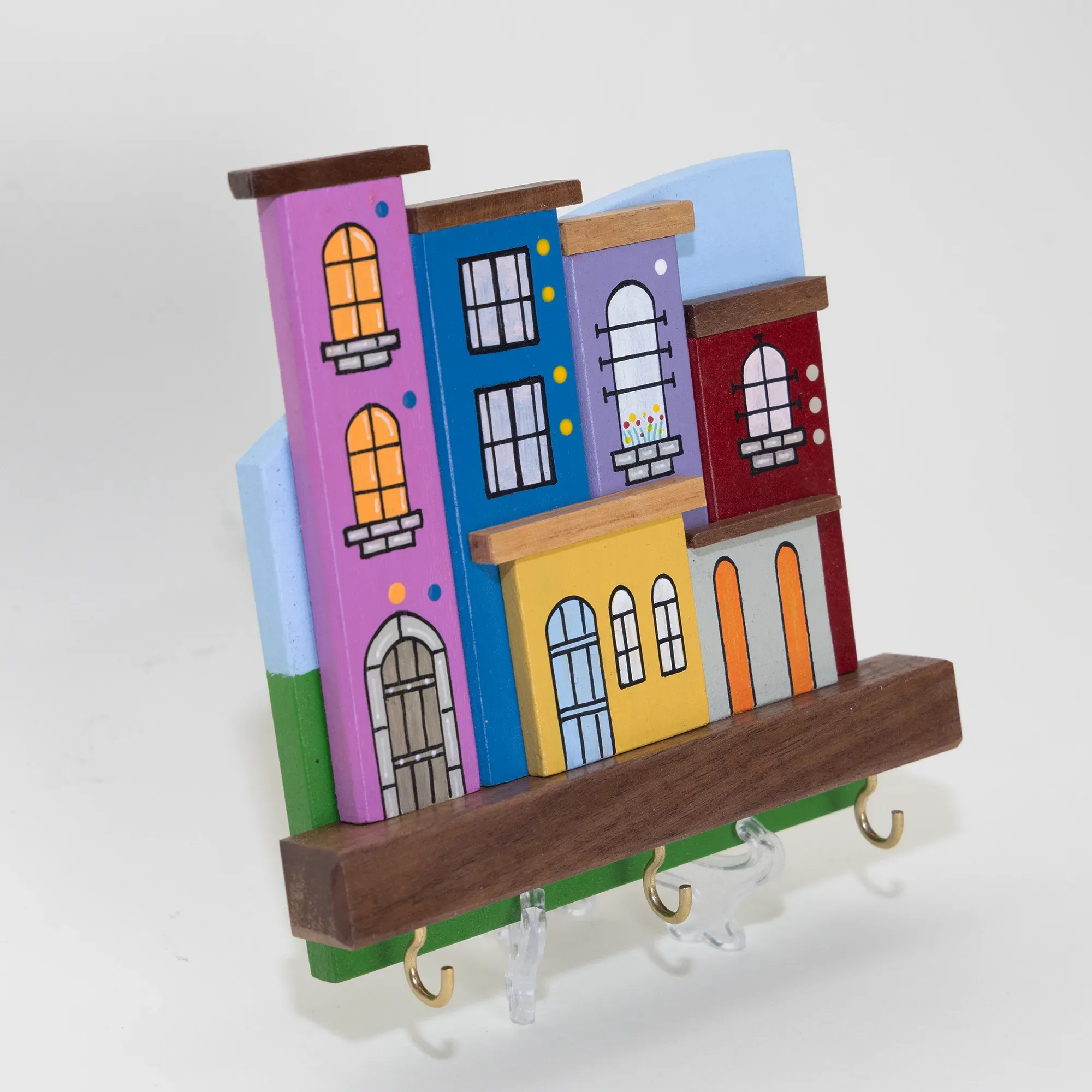 Handmade Wooden Wall Key Holder with Blue Sky Neighborhood Block Design