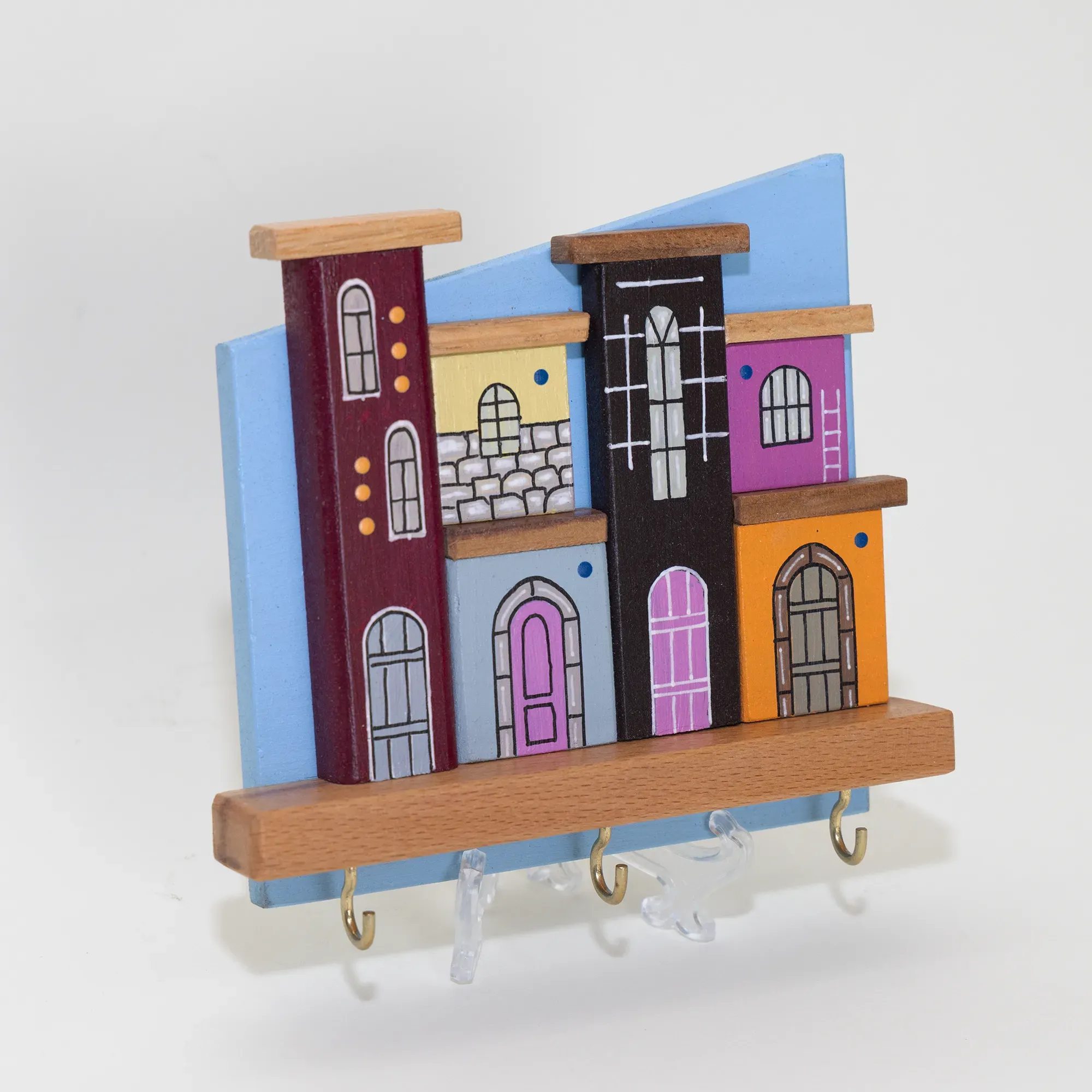 Handmade Wooden Wall Key Holder with Tall Colorful Neighborhood Block Design