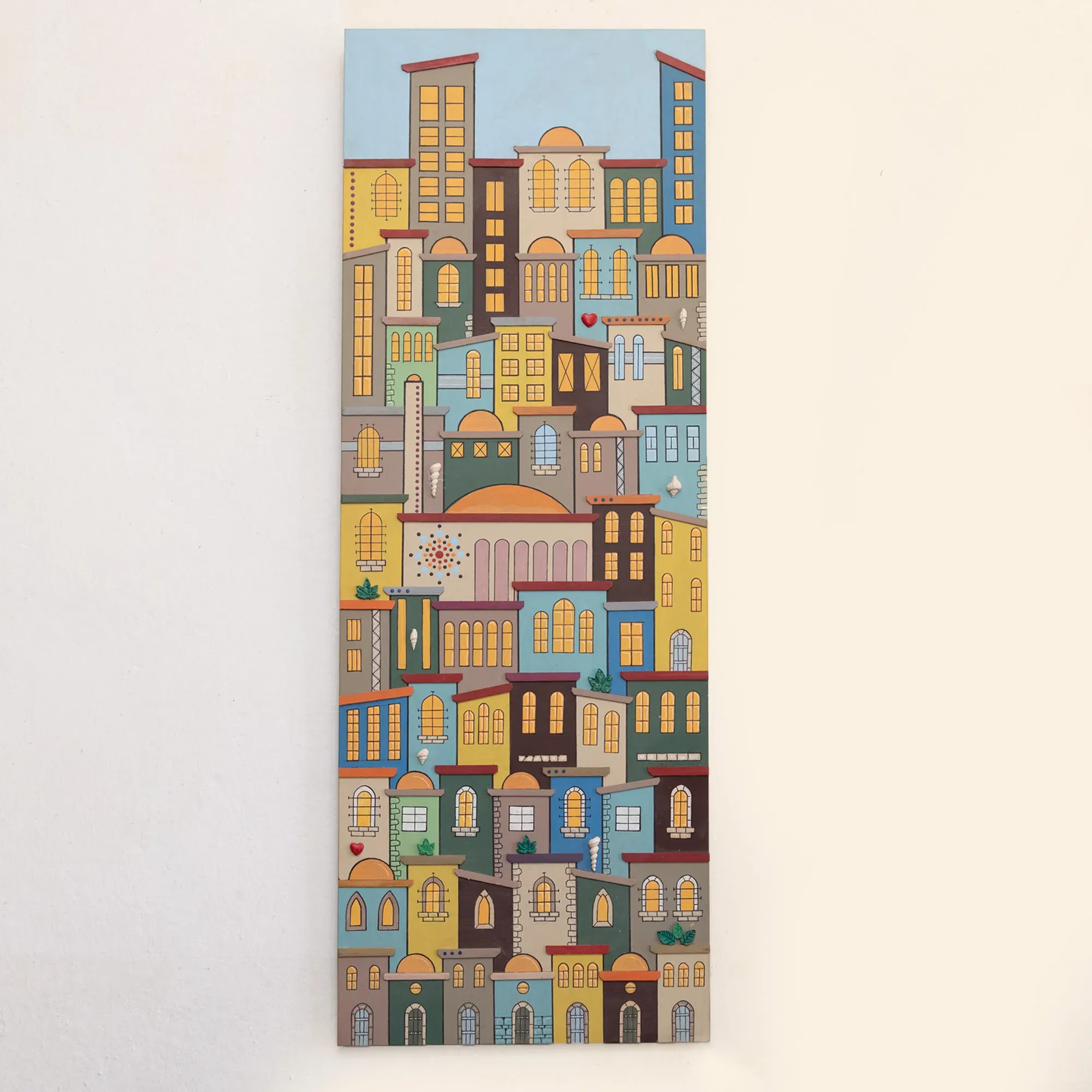 Handmade Wooden Colorful City Wall Art - Tall 80 x 30 cm