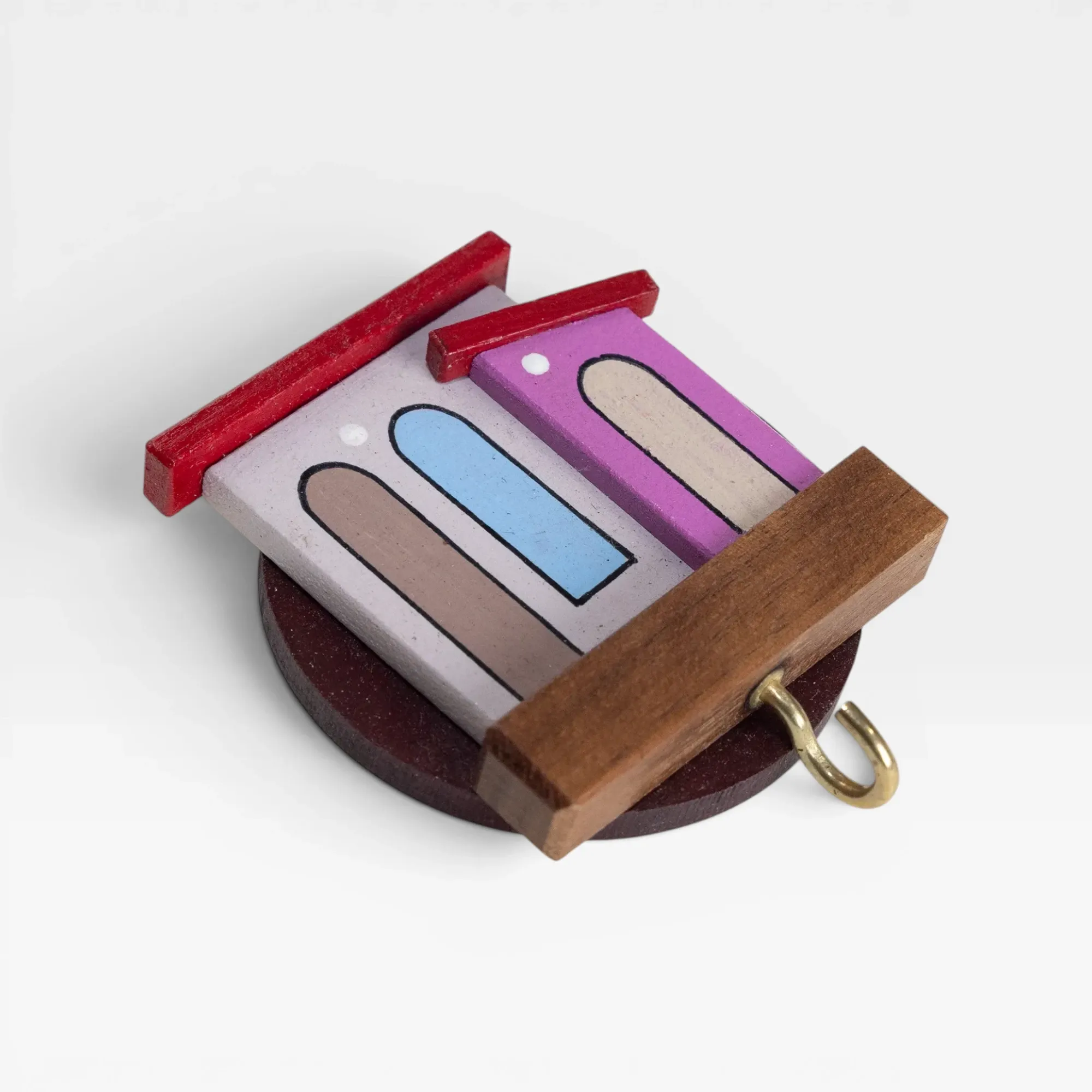 Handmade Wooden Mini Wall Key Holder - Mini Rural Houses Purple Door Design
