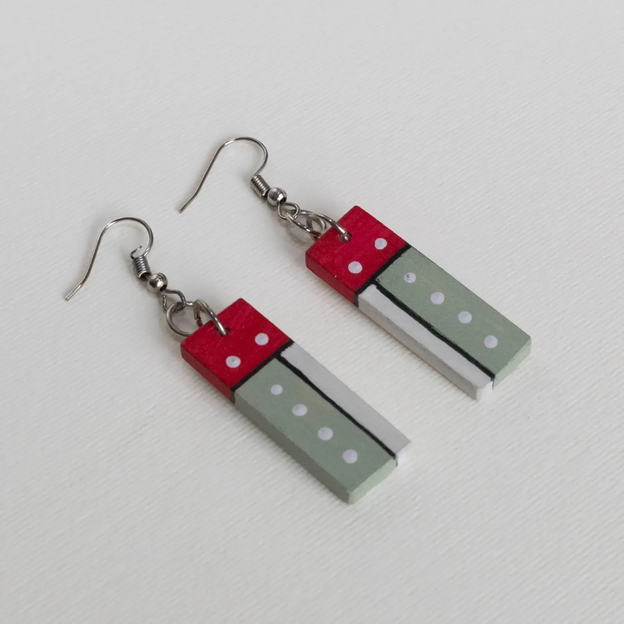 Handmade Lightweight Red Grey Block Dot Earrings
