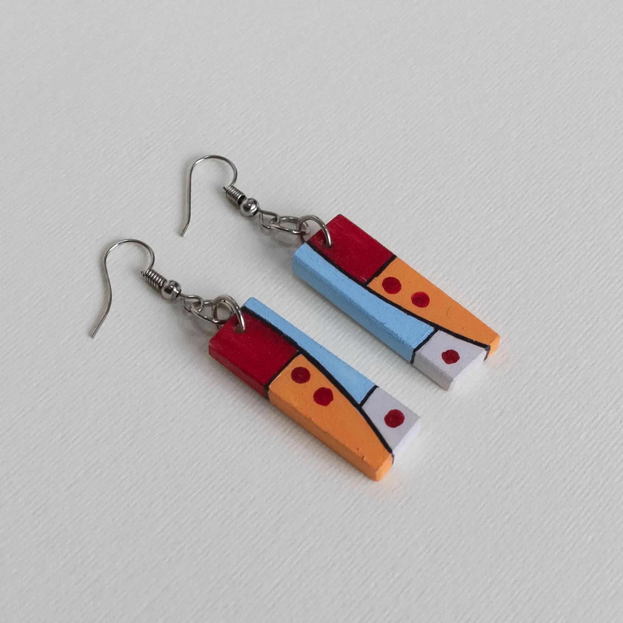 Handmade Lightweight Red Orange Grey Color Block Earrings
