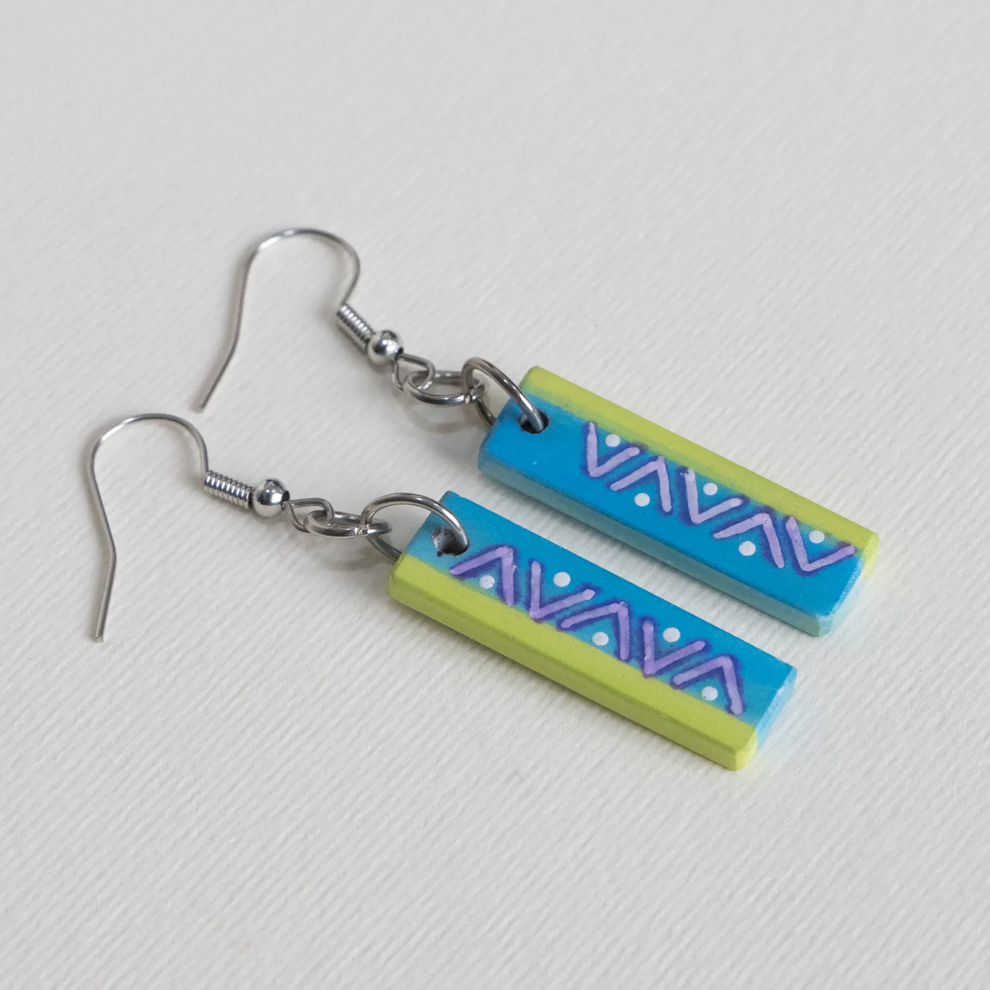 Handmade Lightweight Blue Lime Chevron Pattern Earrings