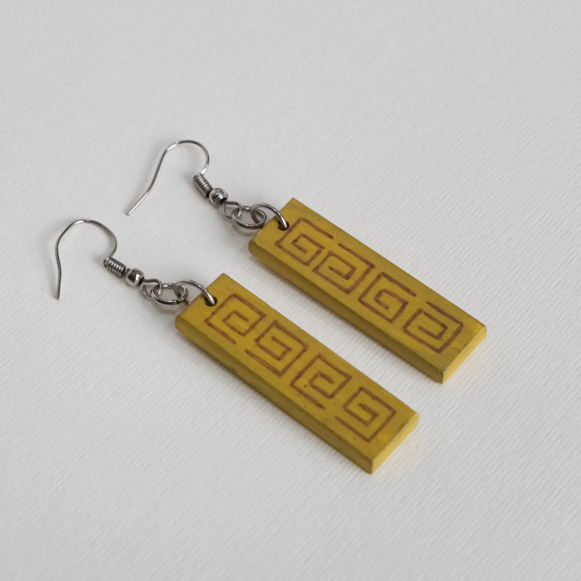 Handmade Lightweight Mustard Greek Key Pattern Earrings