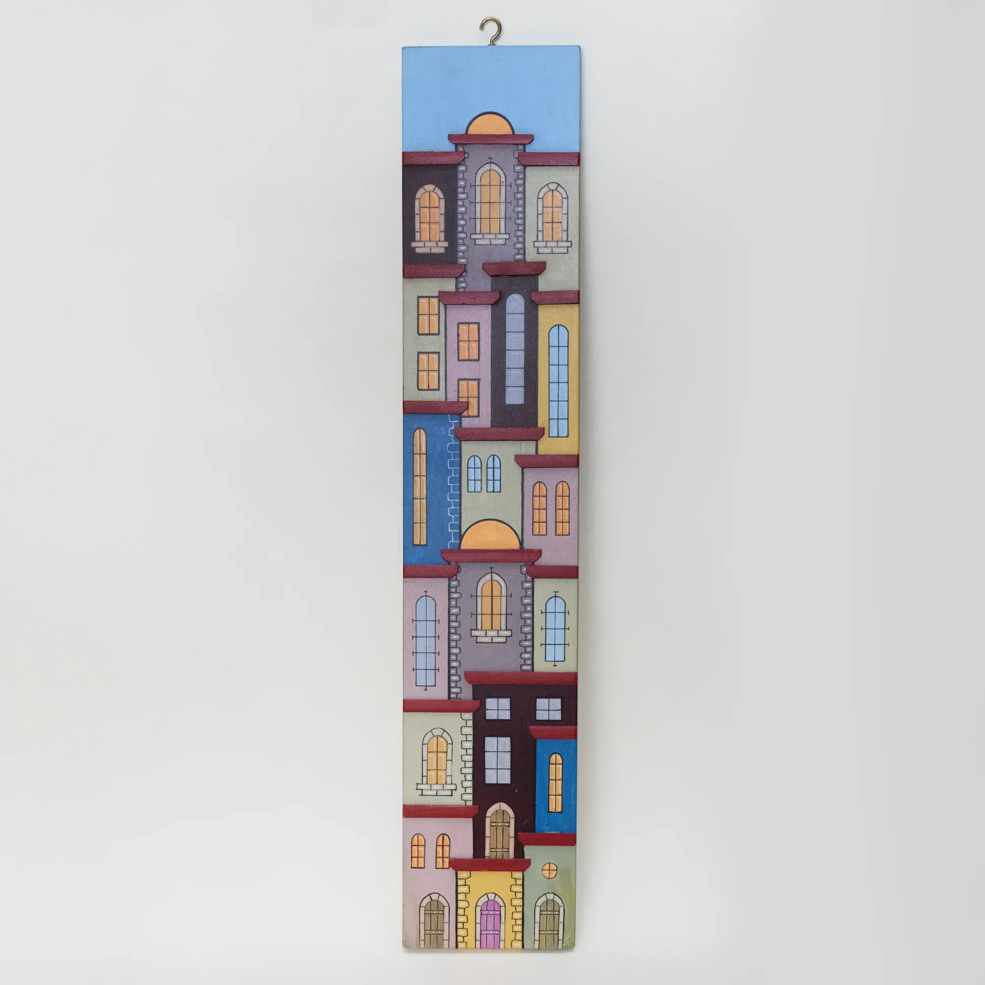 Handmade Wooden Blue Purple City Wall Art - 50 x 10 cm