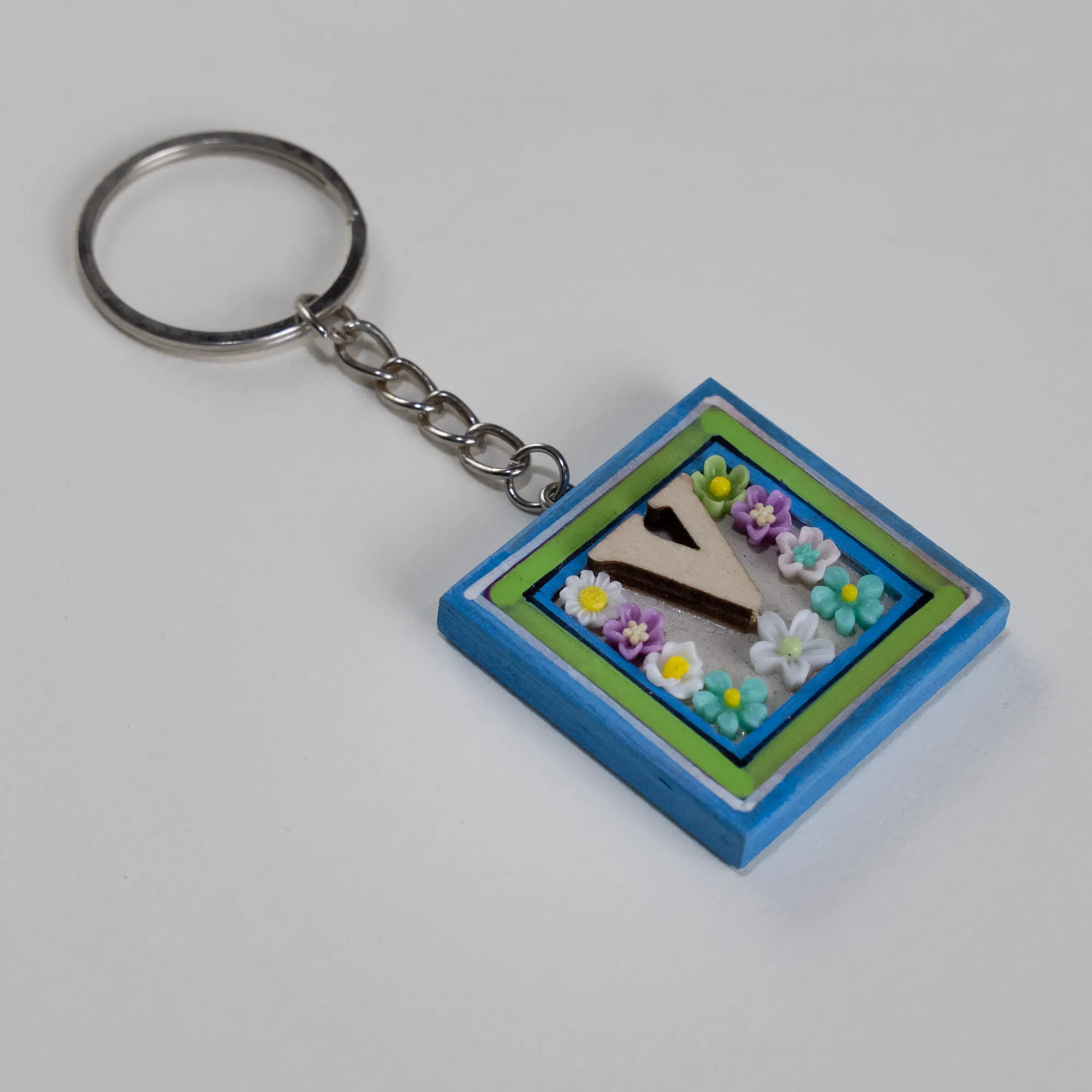 Handmade Wooden Initial V Keychain and Bag Charm - 4 x 4 cm