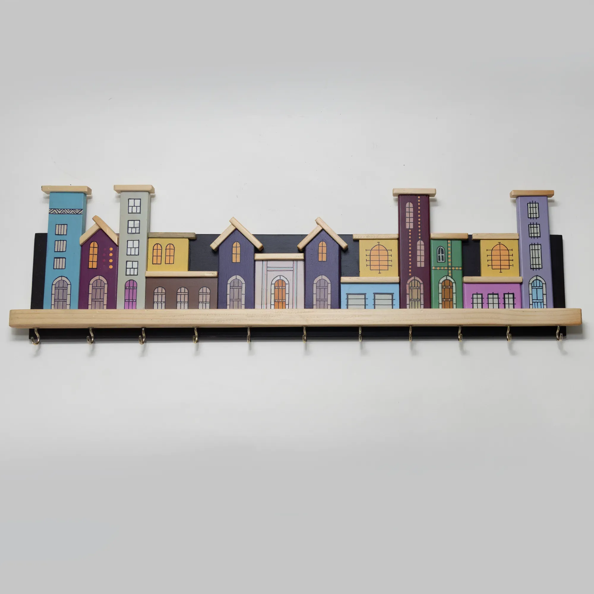 Handmade Wooden Pastel City Wall Key Holder - 50 x 15 cm