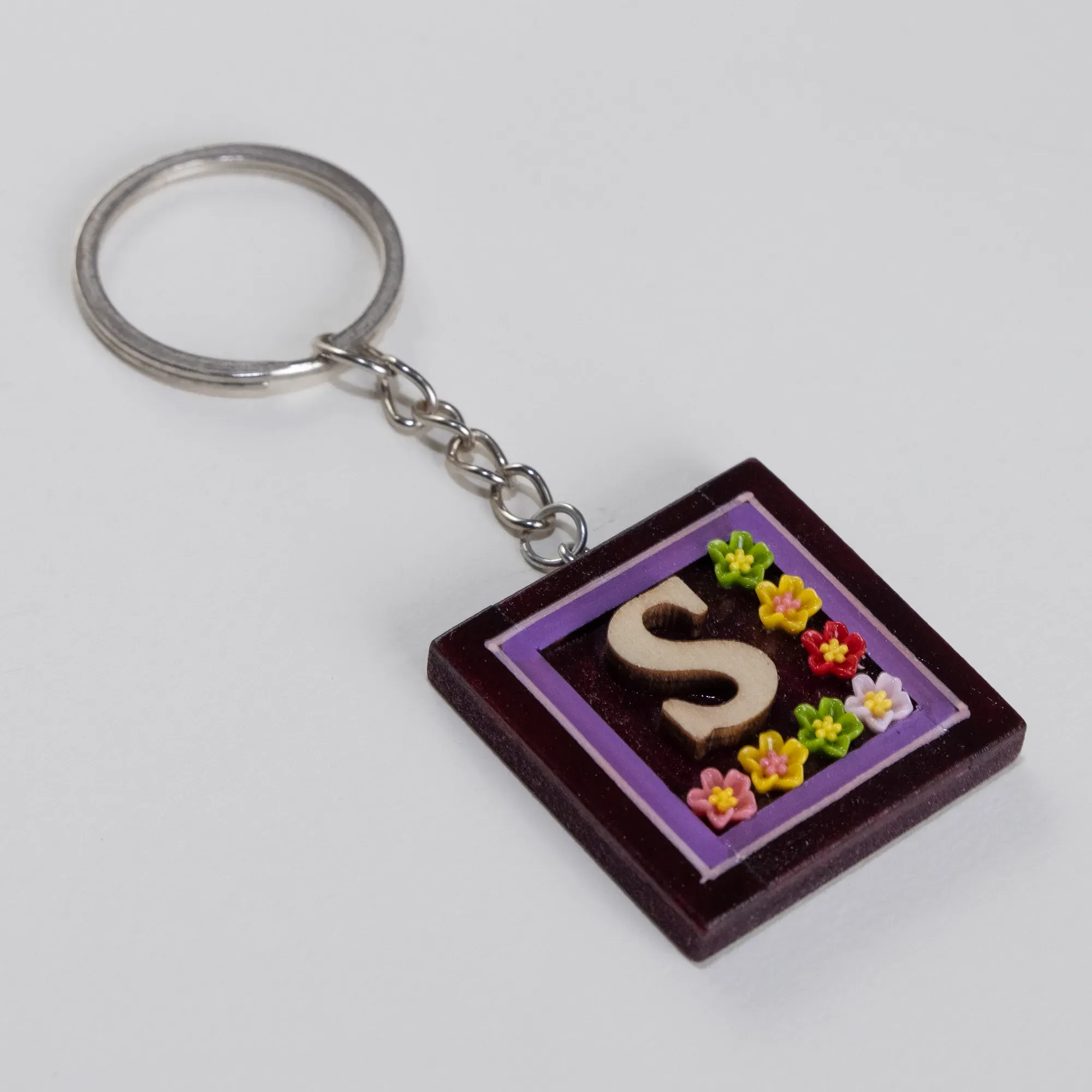 Handmade Wooden Initial S Keychain and Bag Charm - 4 x 4 cm