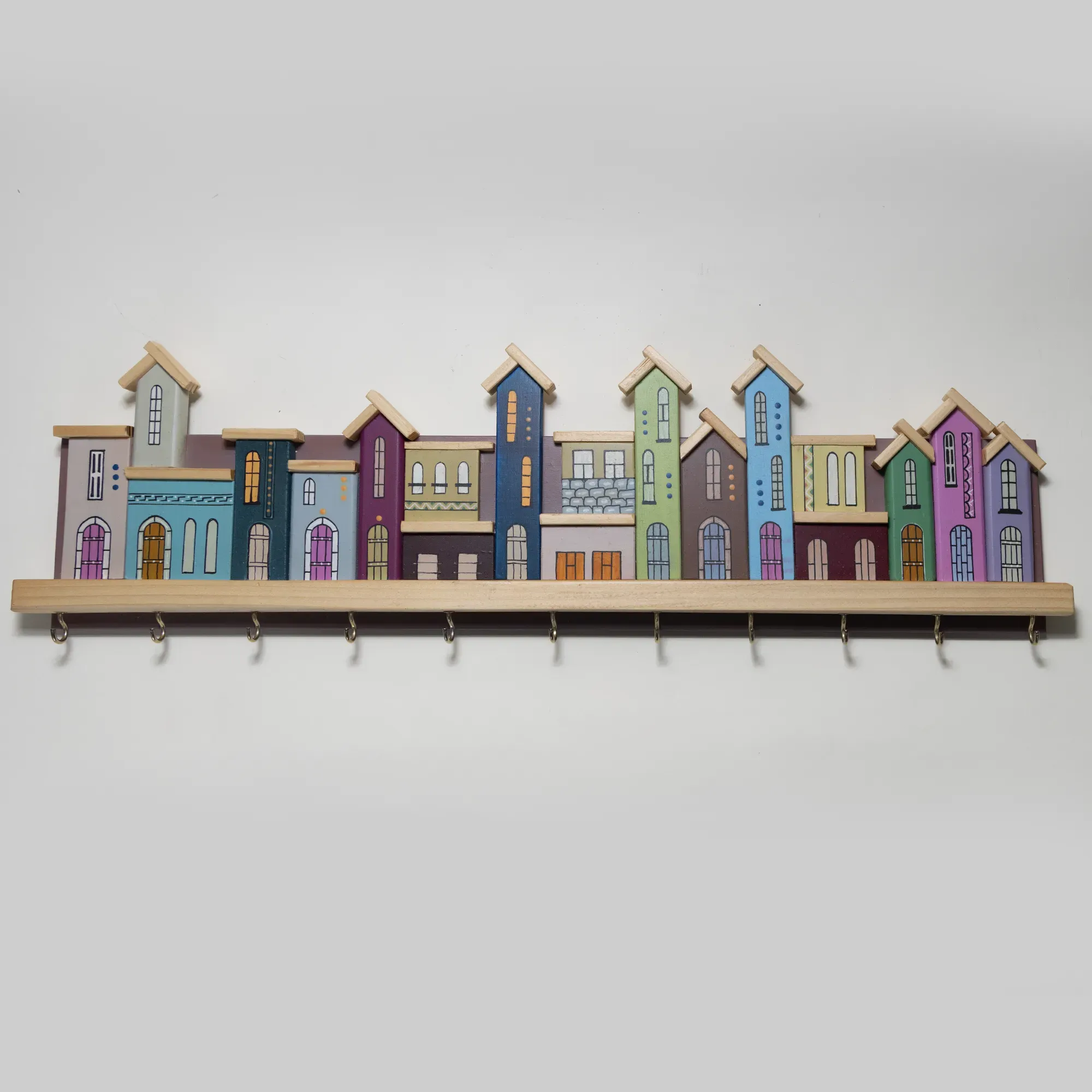 Handmade Wooden Blue Pastel City Wall Key Holder - 50 x 15 cm