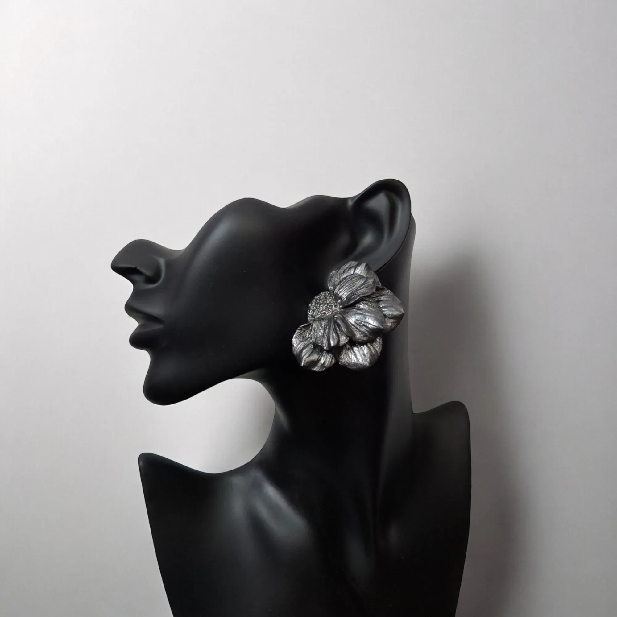 Handmade Black Flower Matte Polymer Clay Earrings
