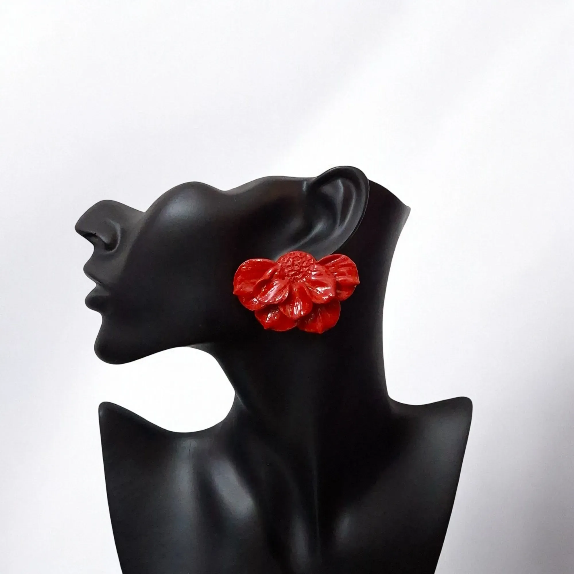 Handmade Red Flower Polymer Clay Statement Earrings