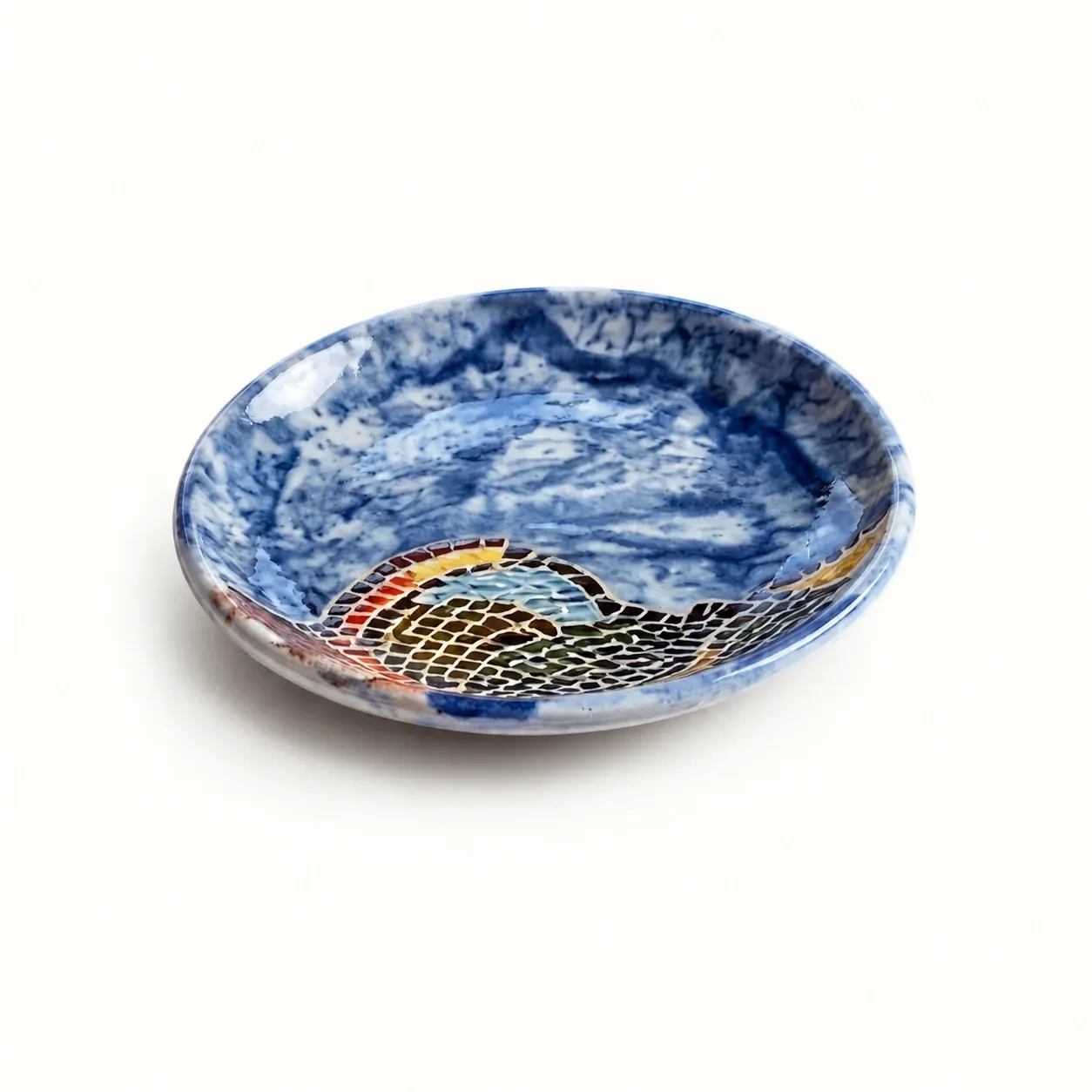 Handmade Turquoise Mosaic Ceramic Plate with Glass Detail
