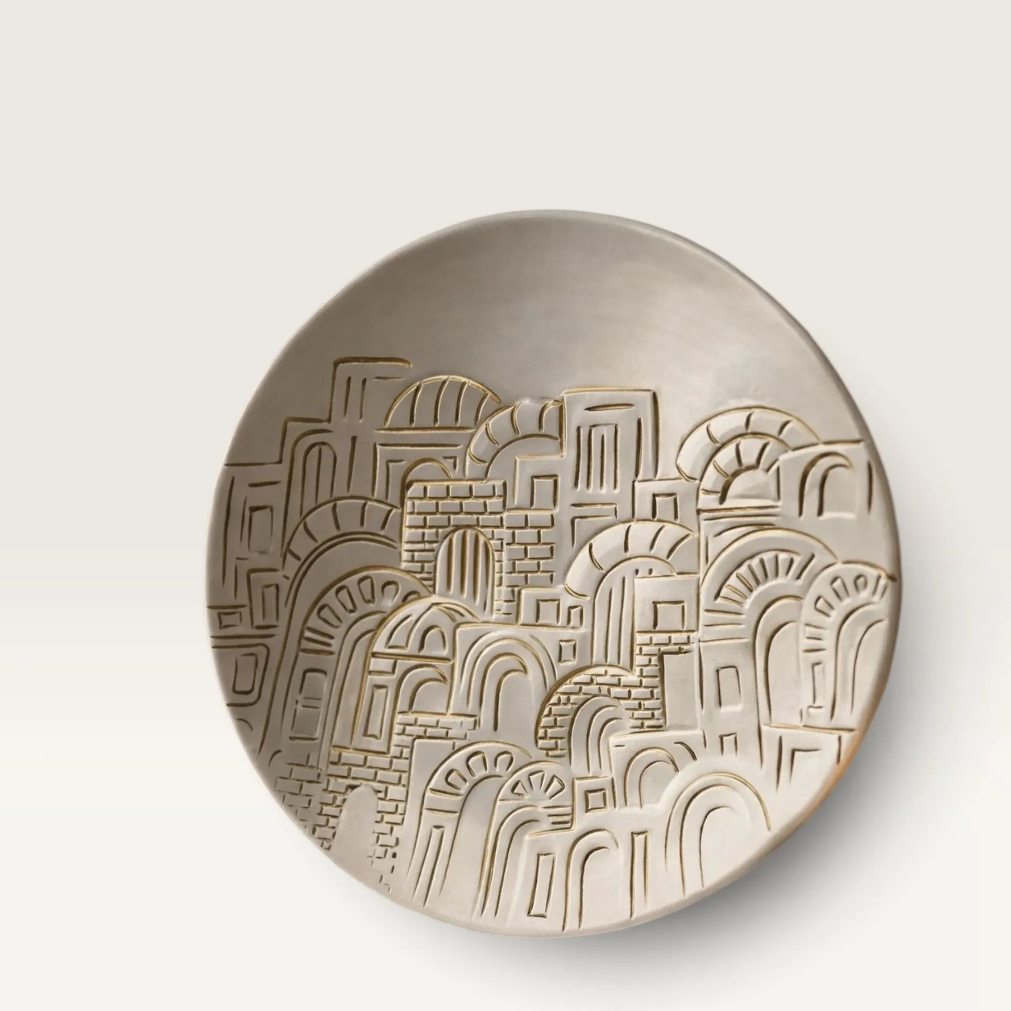 Hand-Carved White Ceramic Nostalgia Houses Plate with 12K Gold
