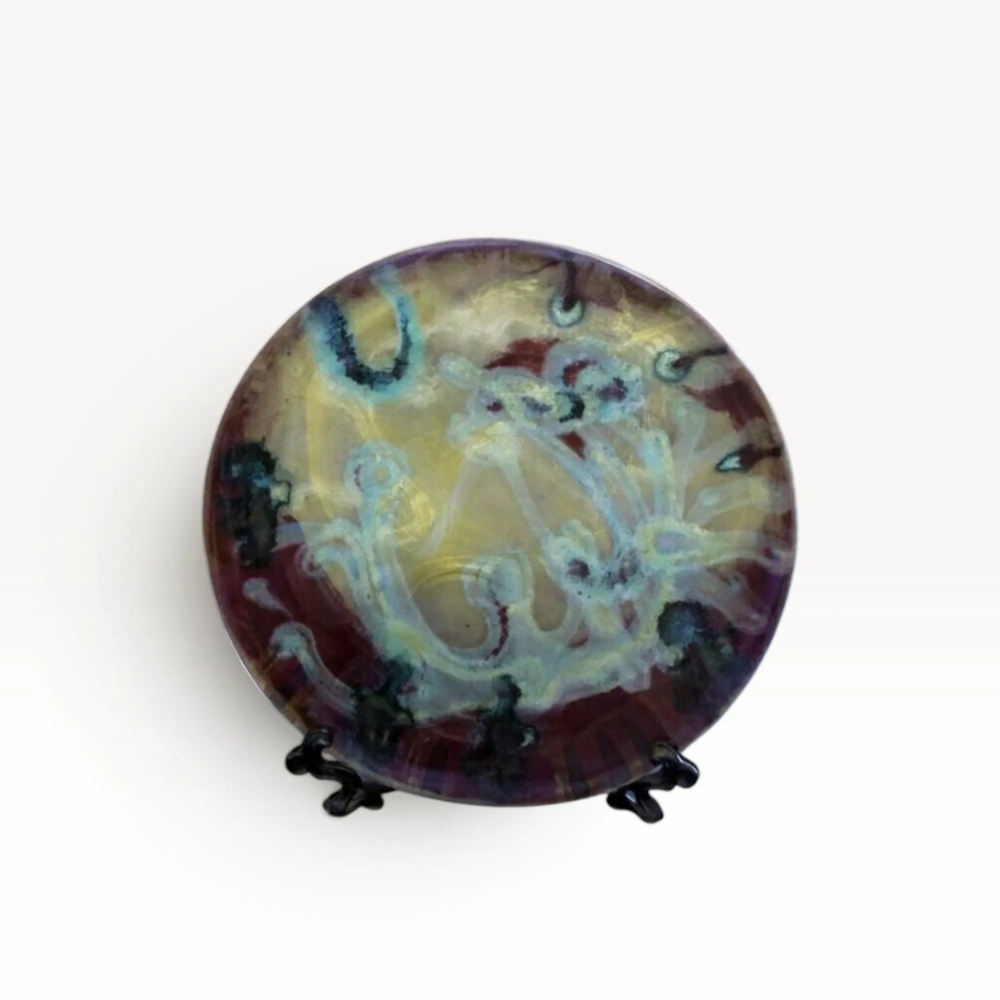 Hand-Painted Ceramic Plate with Sky Blue Glass Colors