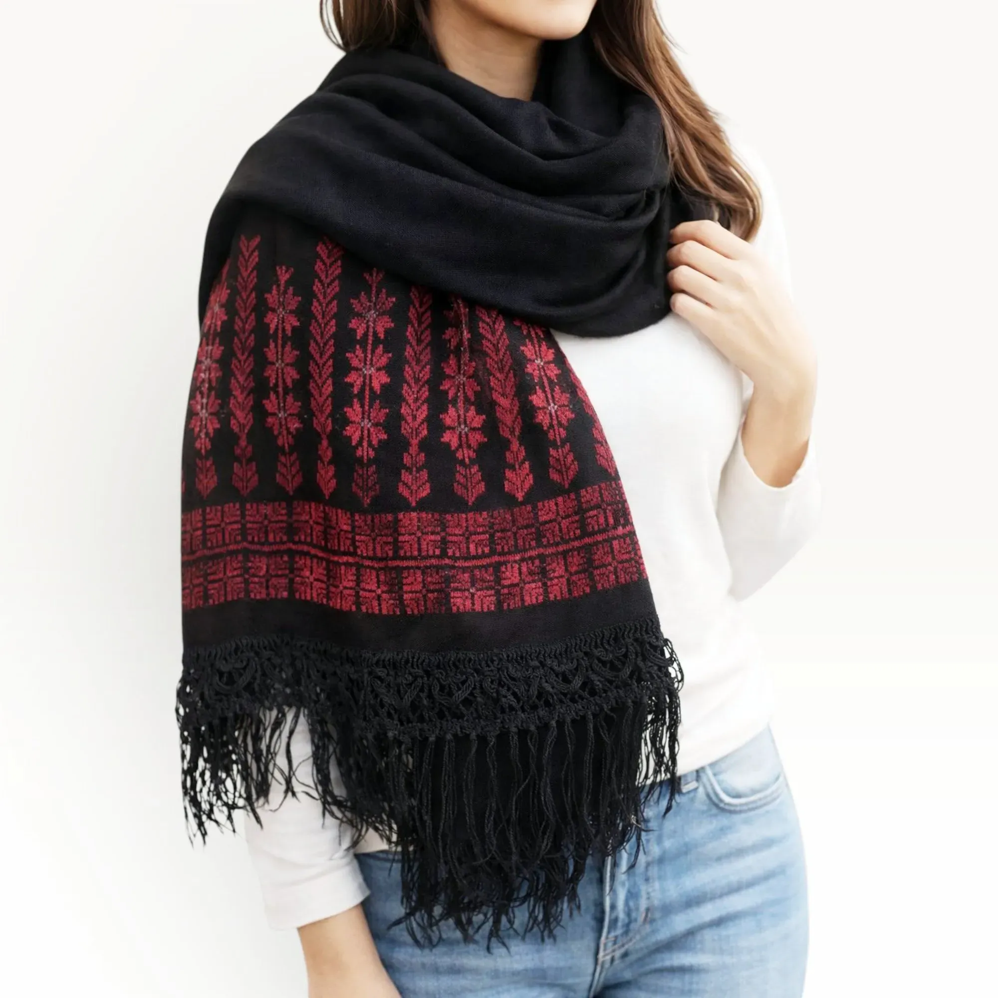 Handmade Black Rectangular Embroidered Scarf in Silk Thread