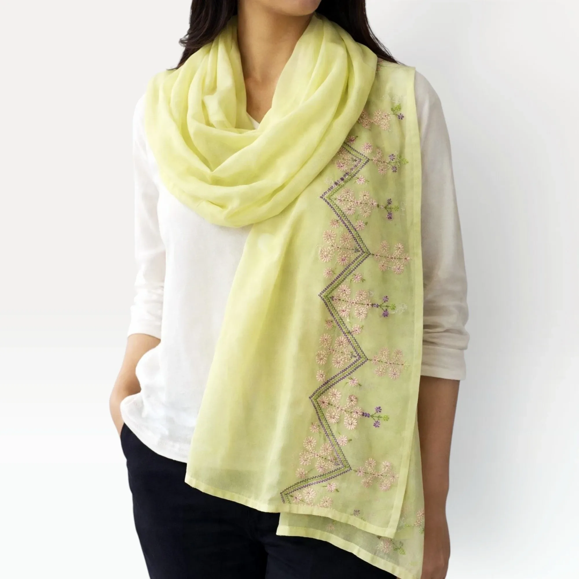 Handmade Floral Summer Embroidered Scarf in Lightweight Fabric