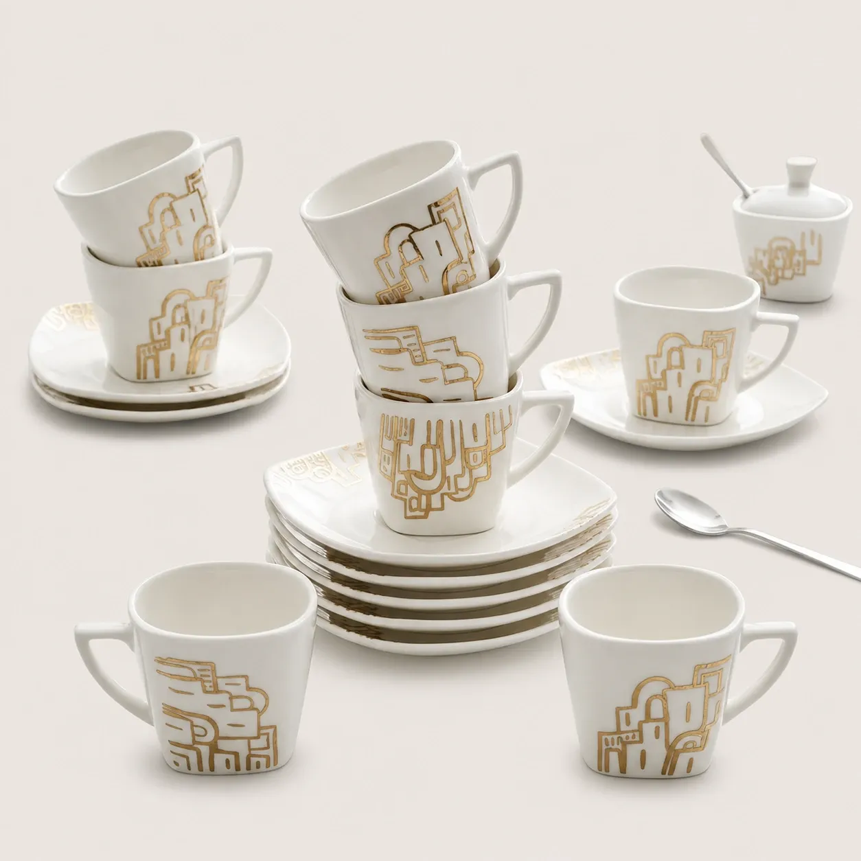 Handmade White Ceramic Coffee Cup Set with 12K Gold