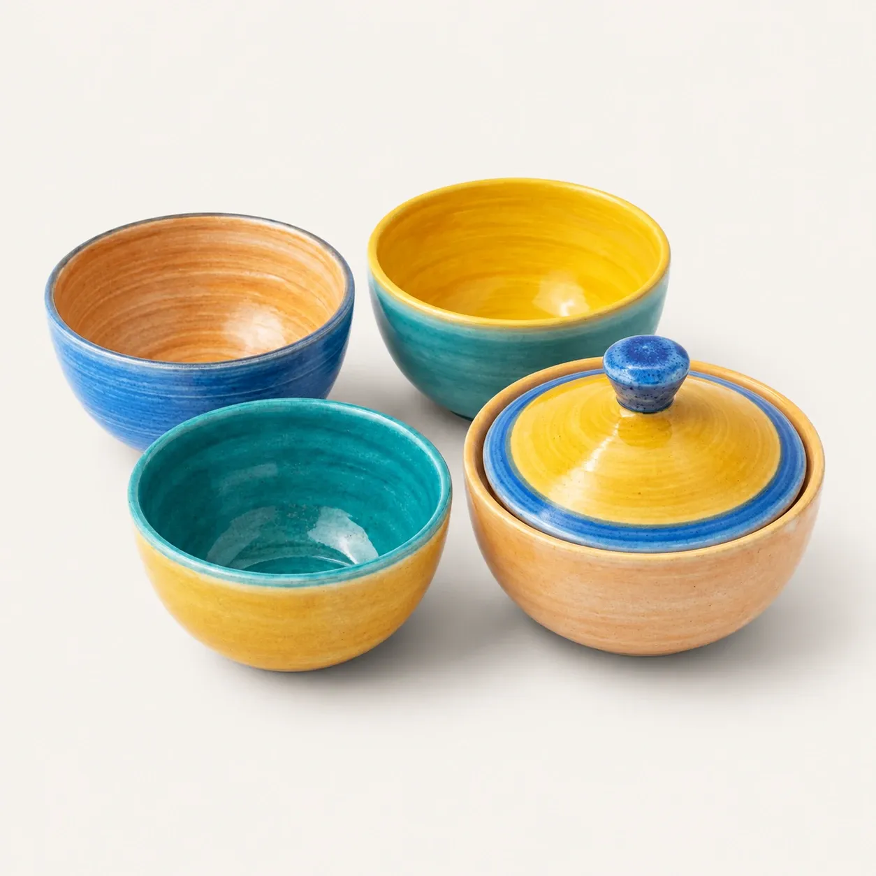 Handmade Colored Ceramic Sugar Bowl and Bowl Set 4 Pieces