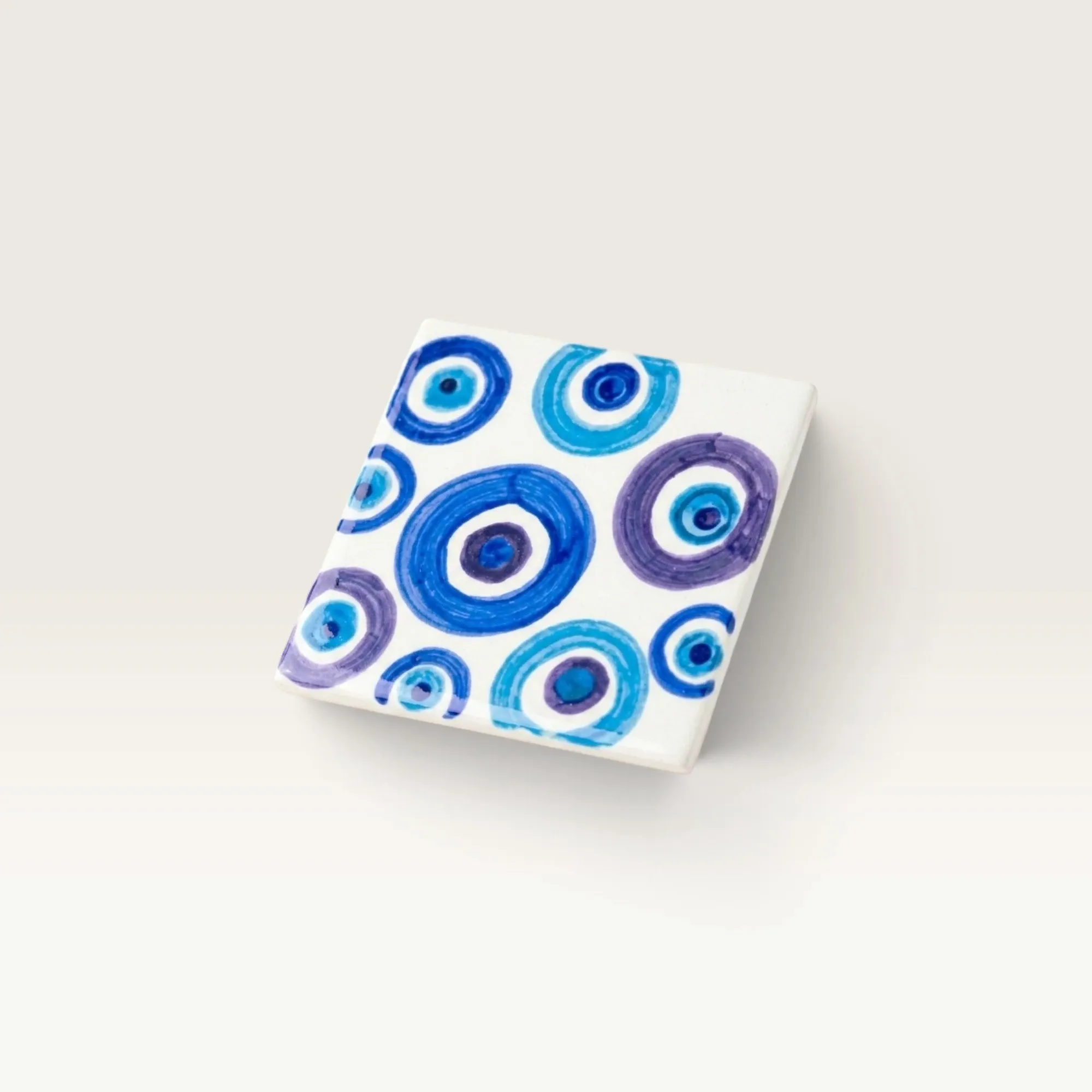 Sky and Sea Square Handmade Ceramic Coaster with Blue Motifs
