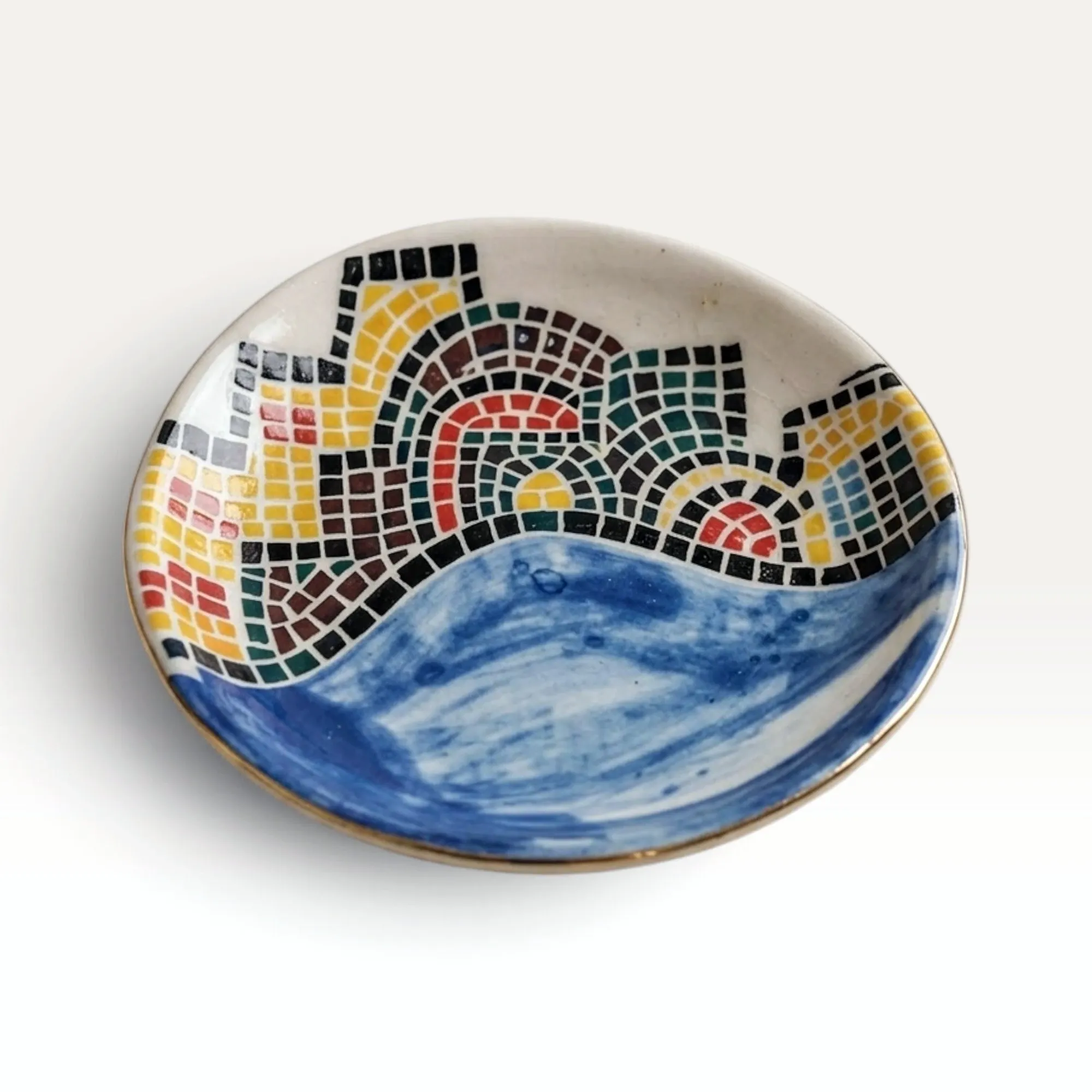 Handmade Turquoise Mosaic Ceramic Plate with Glass Detail