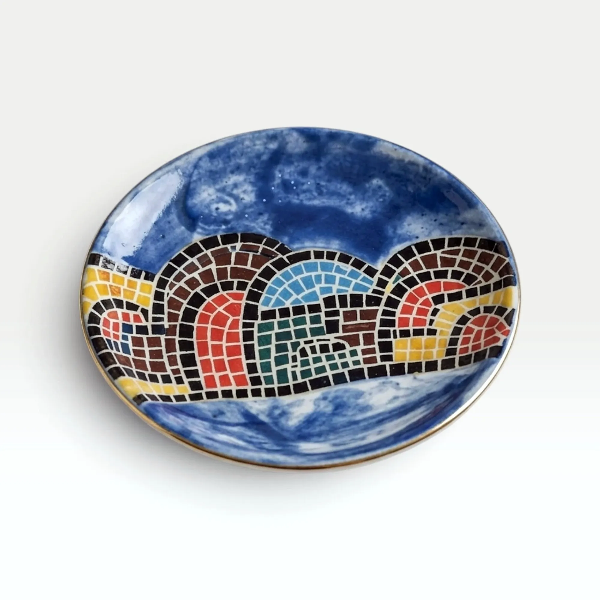 Handmade Turquoise Mosaic Ceramic Plate with Glass Detail