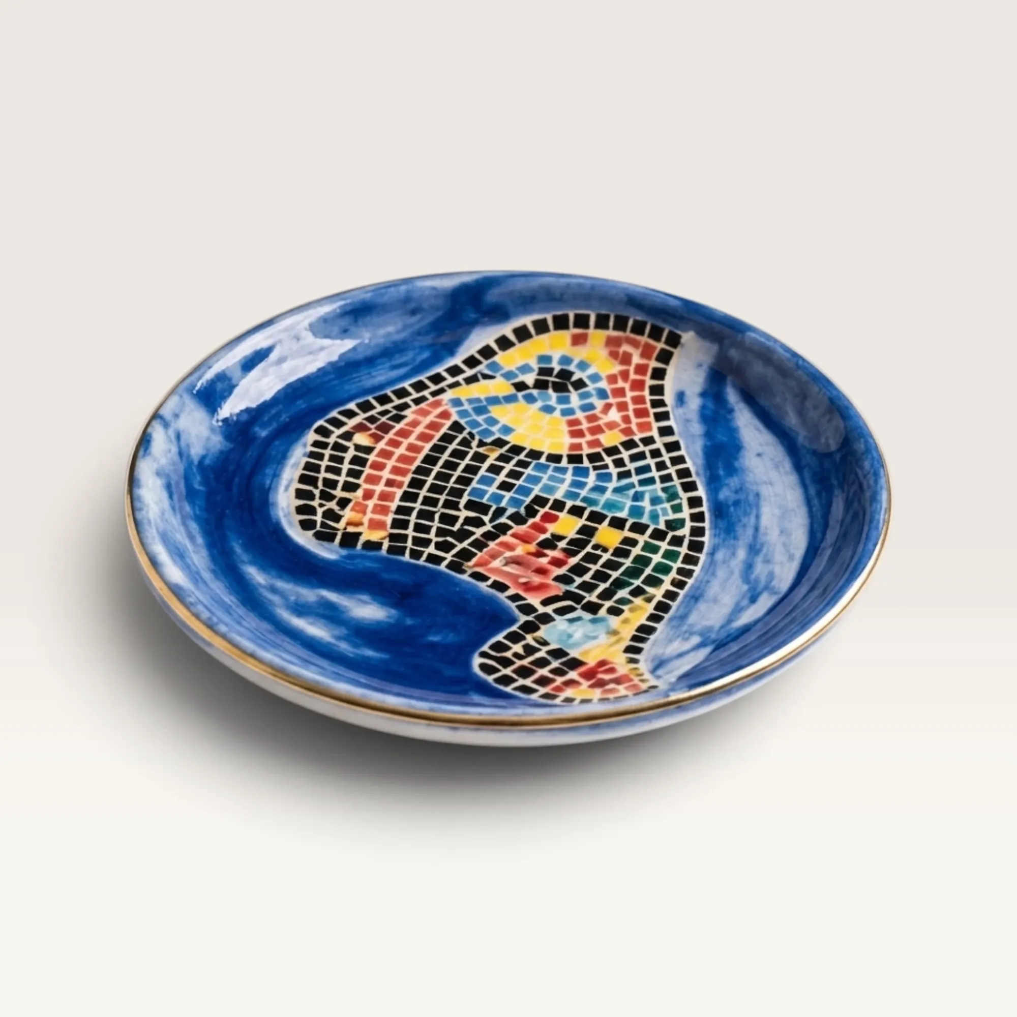 Handmade Turquoise Mosaic Ceramic Plate with Glass Detail