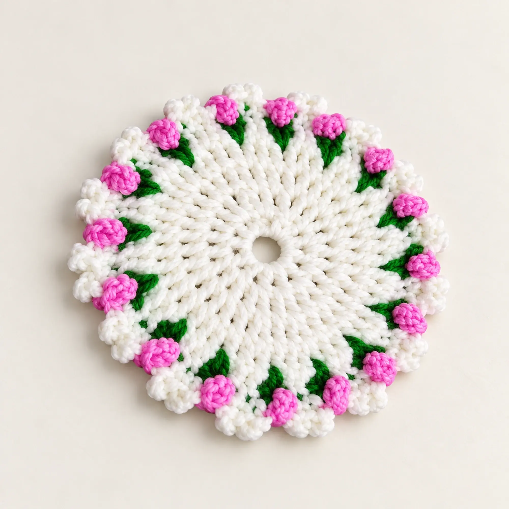 Handmade Crochet Floral-Edge Cup Coaster in White and Pink