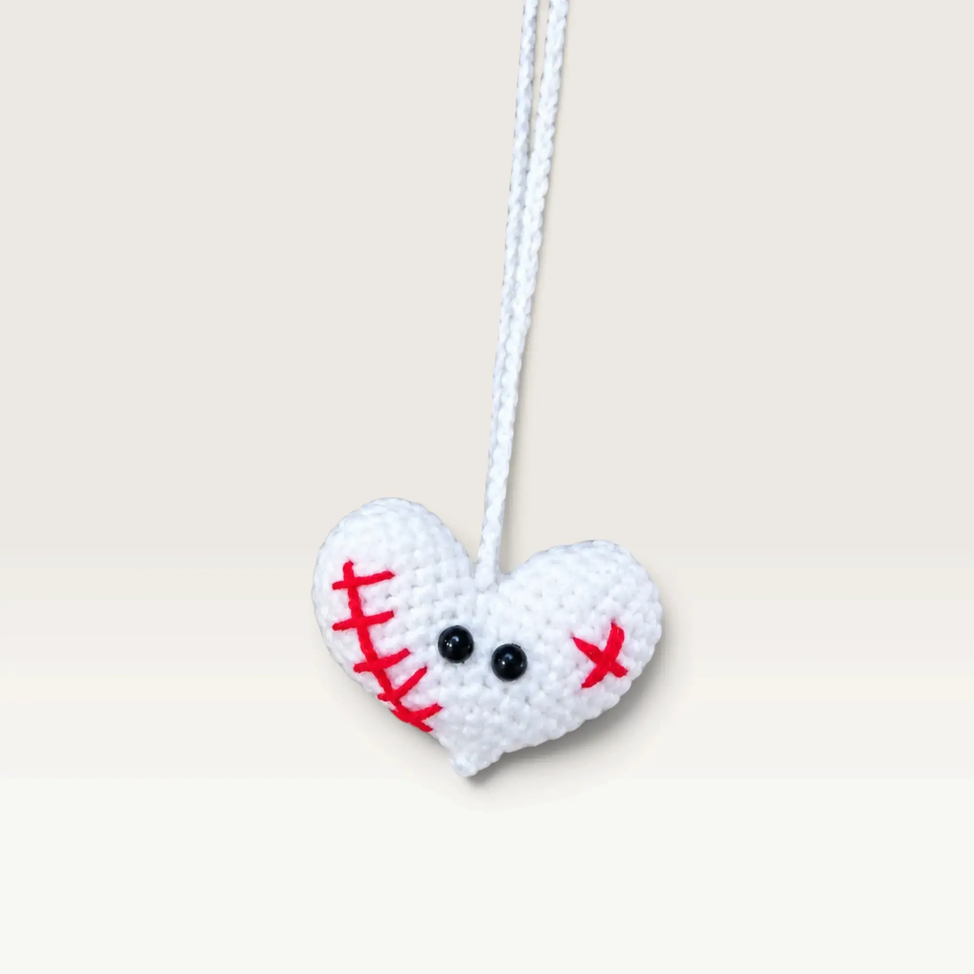 Handmade Crochet White Broken Heart Keychain with Red Stitch