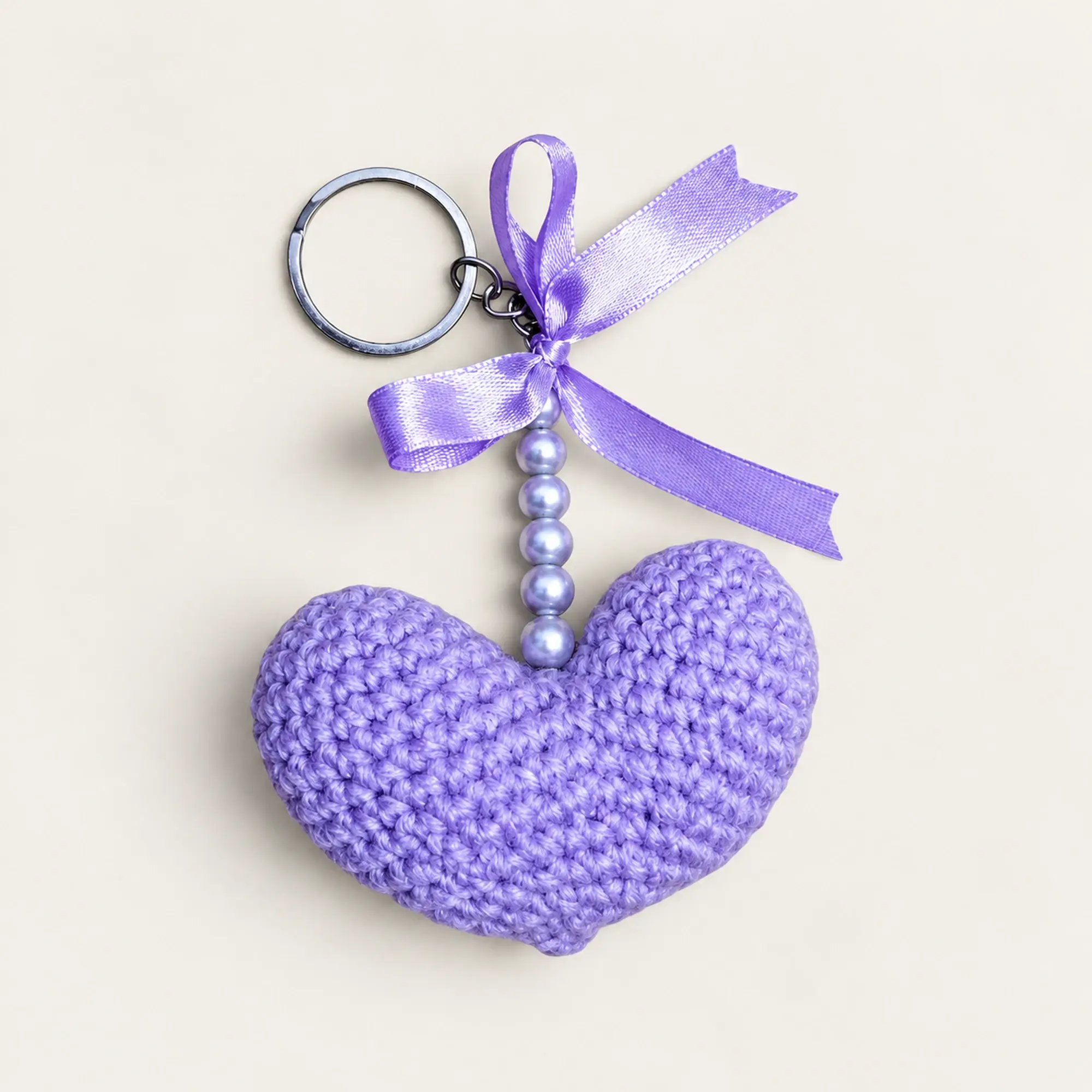 Handmade Crochet Purple Heart Keychain with Ribbon Detail